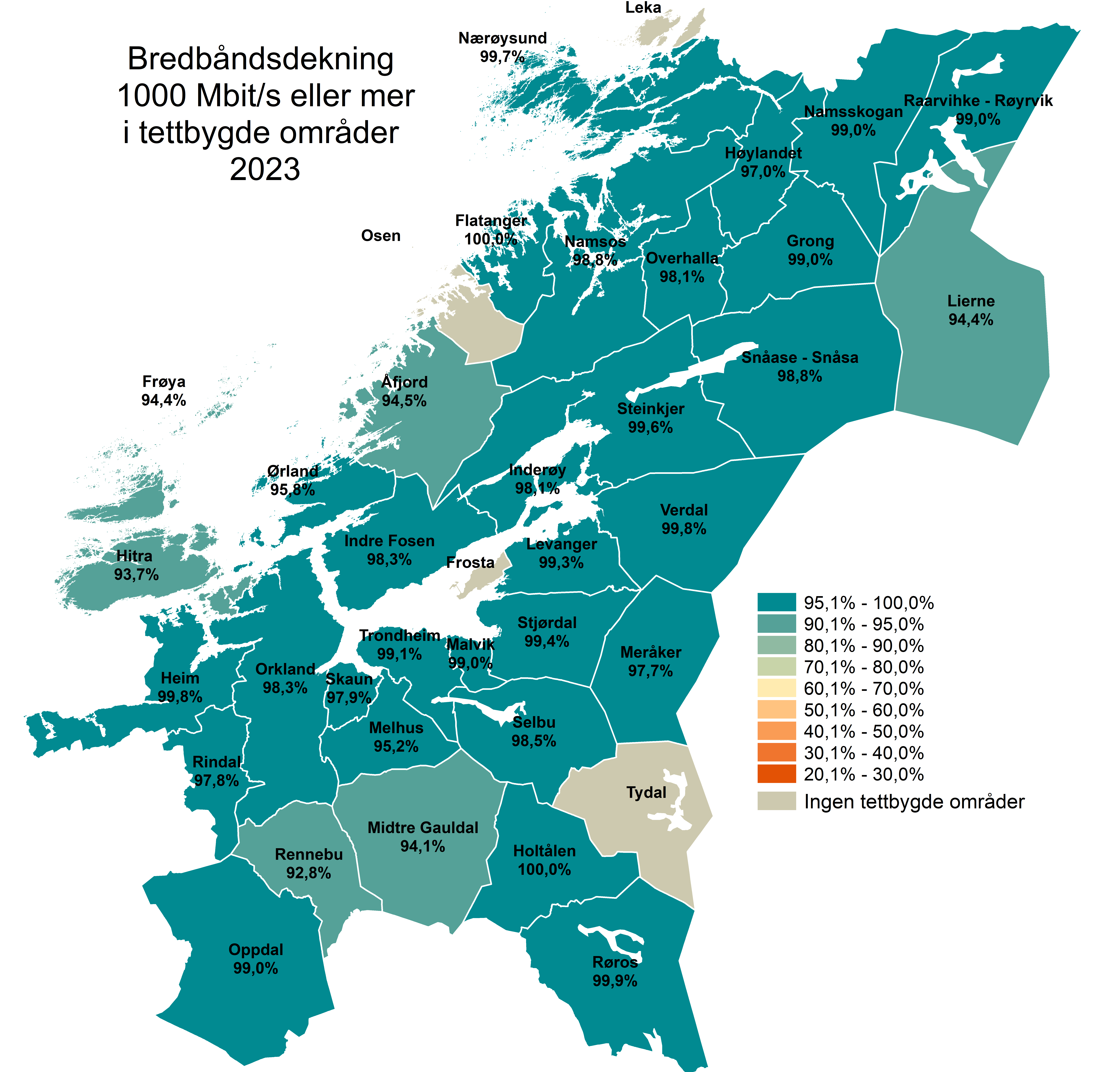 Bredbåndsdekning 1000 Mbit/s eller mer i tettbygdeområderi  2023