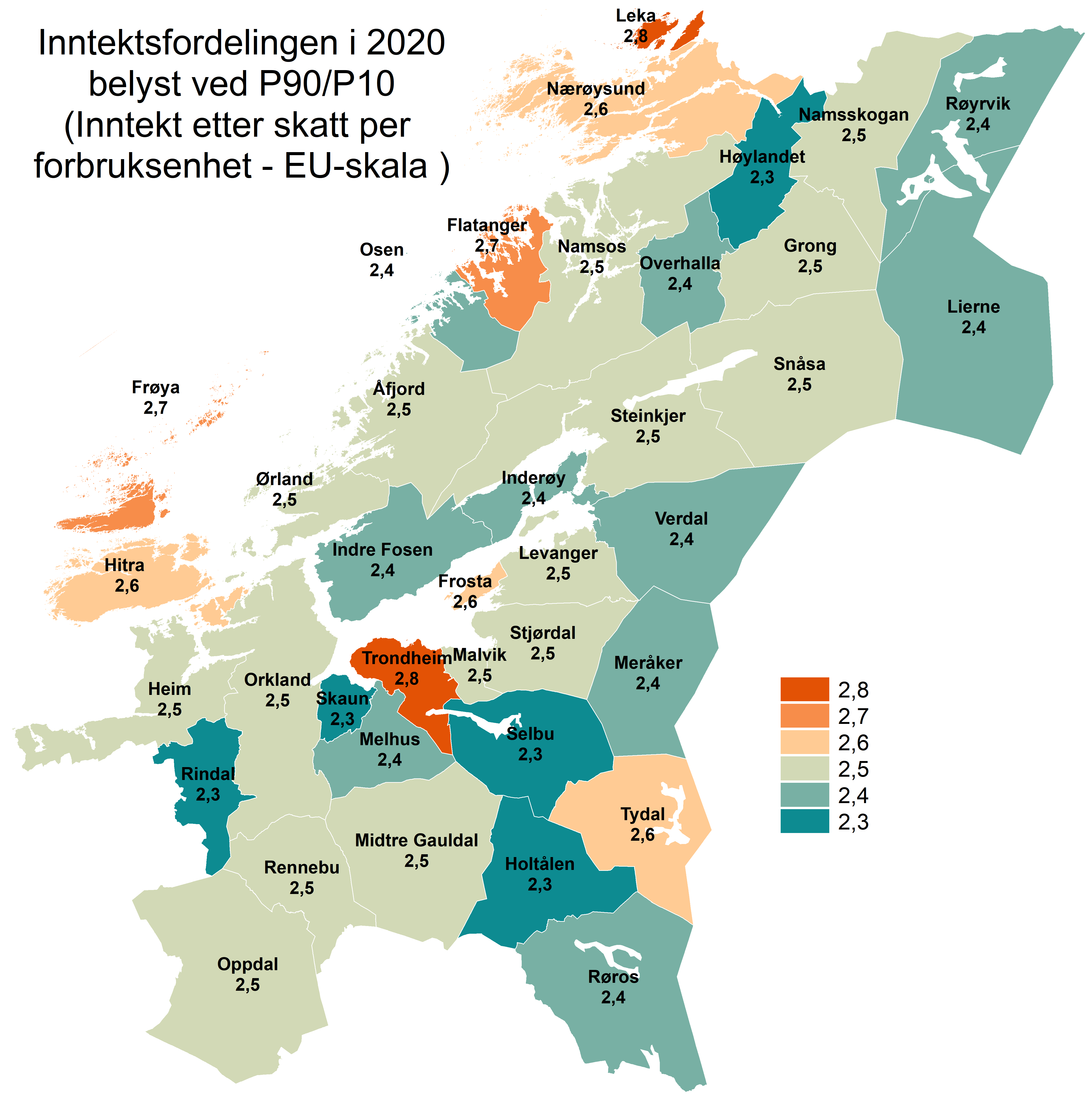 Inntektsulikheten i Trøndelag 2020 målt etter P90/P10