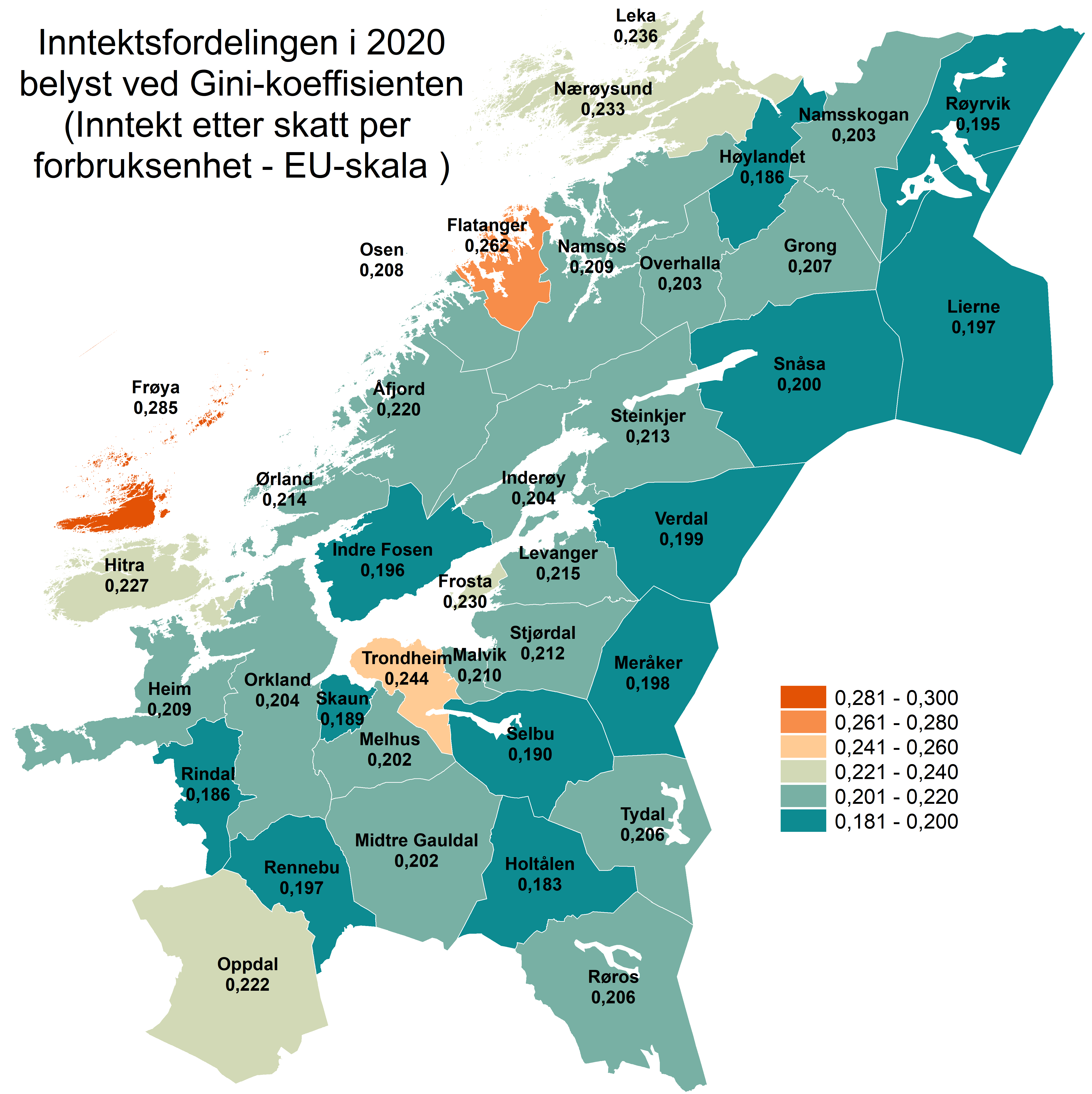Inntektsulikheten i Trøndelag 2020 målt etter Gini-koeffisienten 