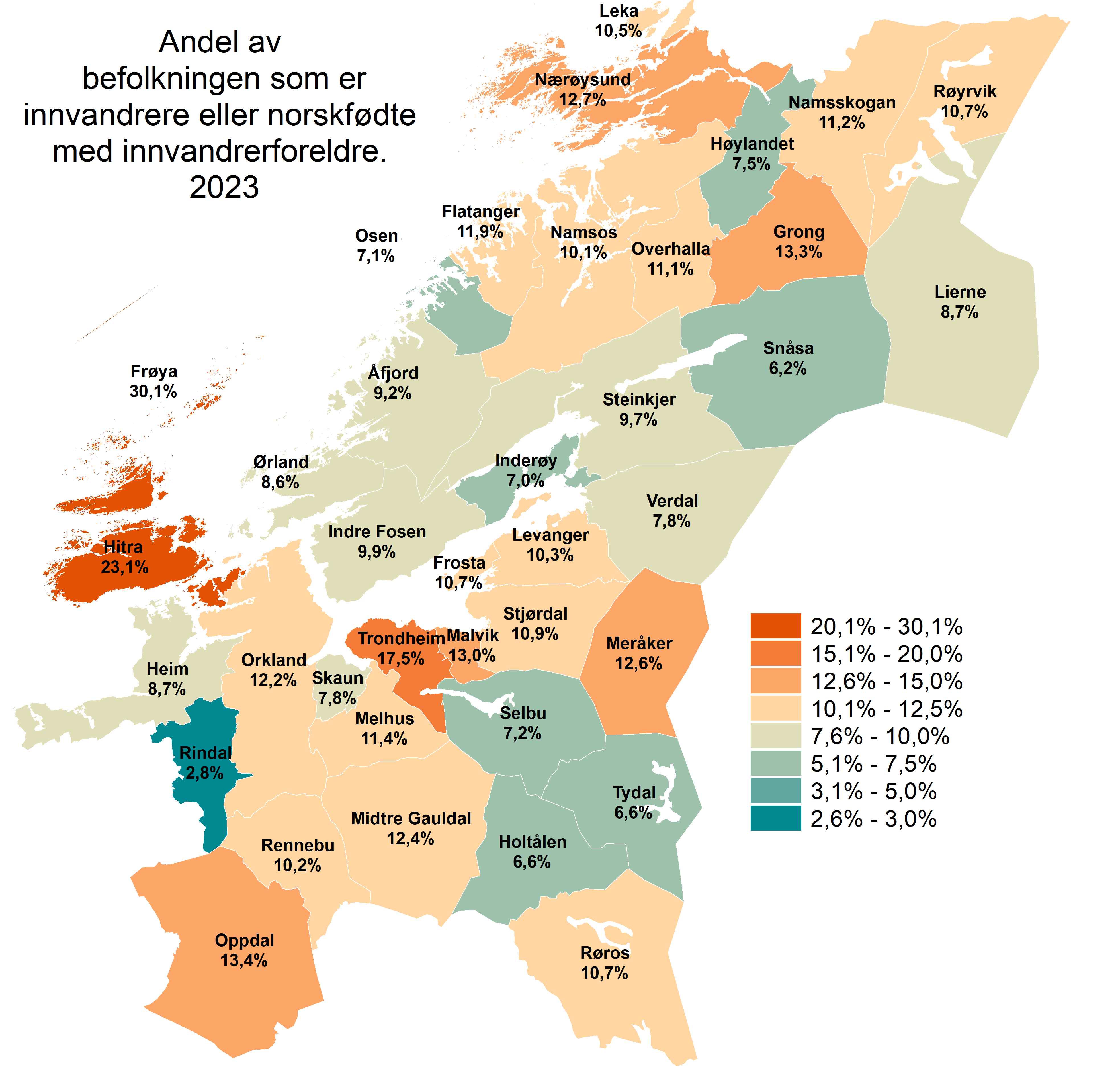 Andel av befolkningen som er innvandrere eller norskfødte med innvandrerforeldre. 2023