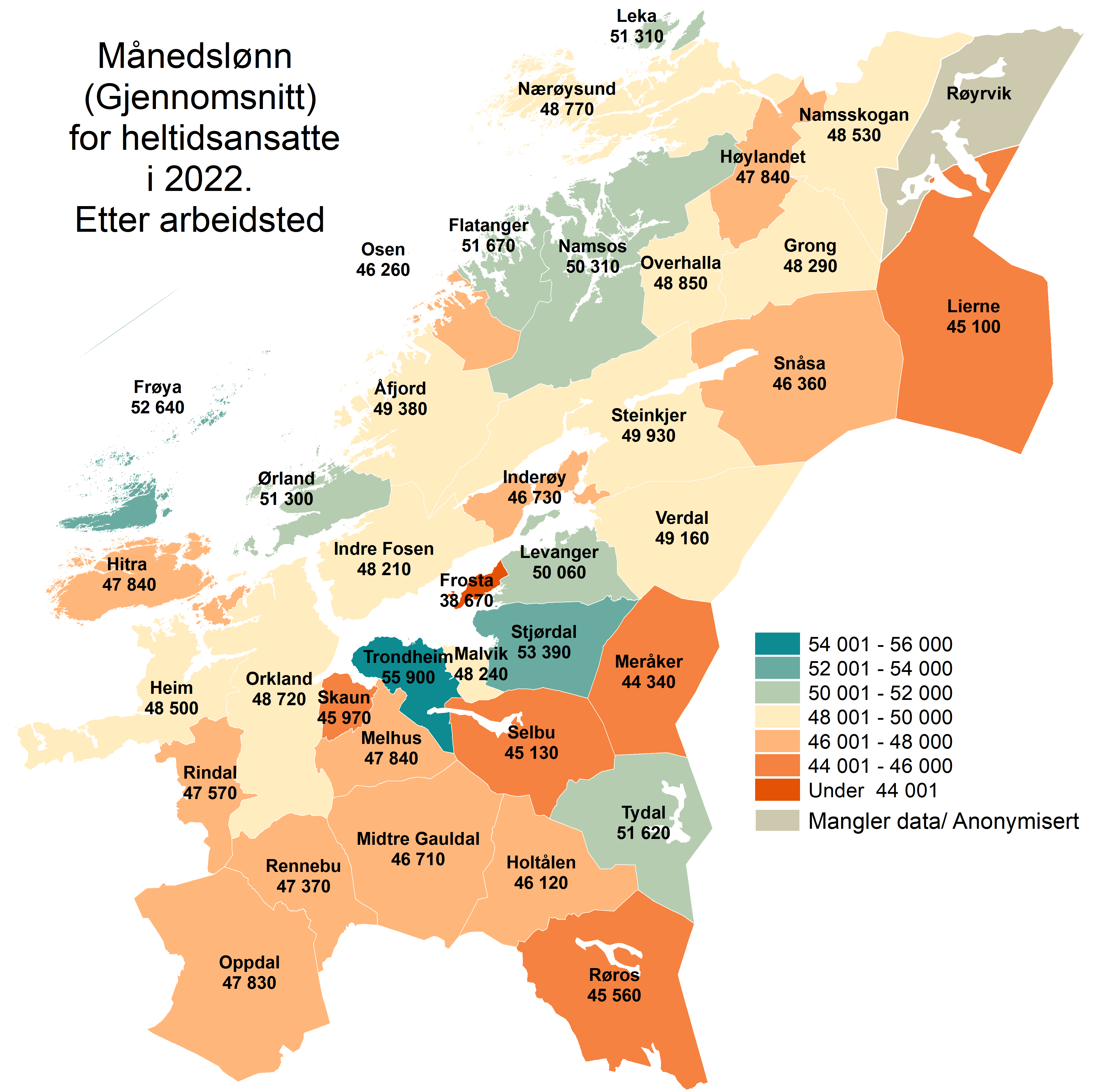 Kommunefordelt månedslønn (Gjennomsnitt ) for heltidsansatte i Trøndelag i 2022. Personer som arbeider i regionen