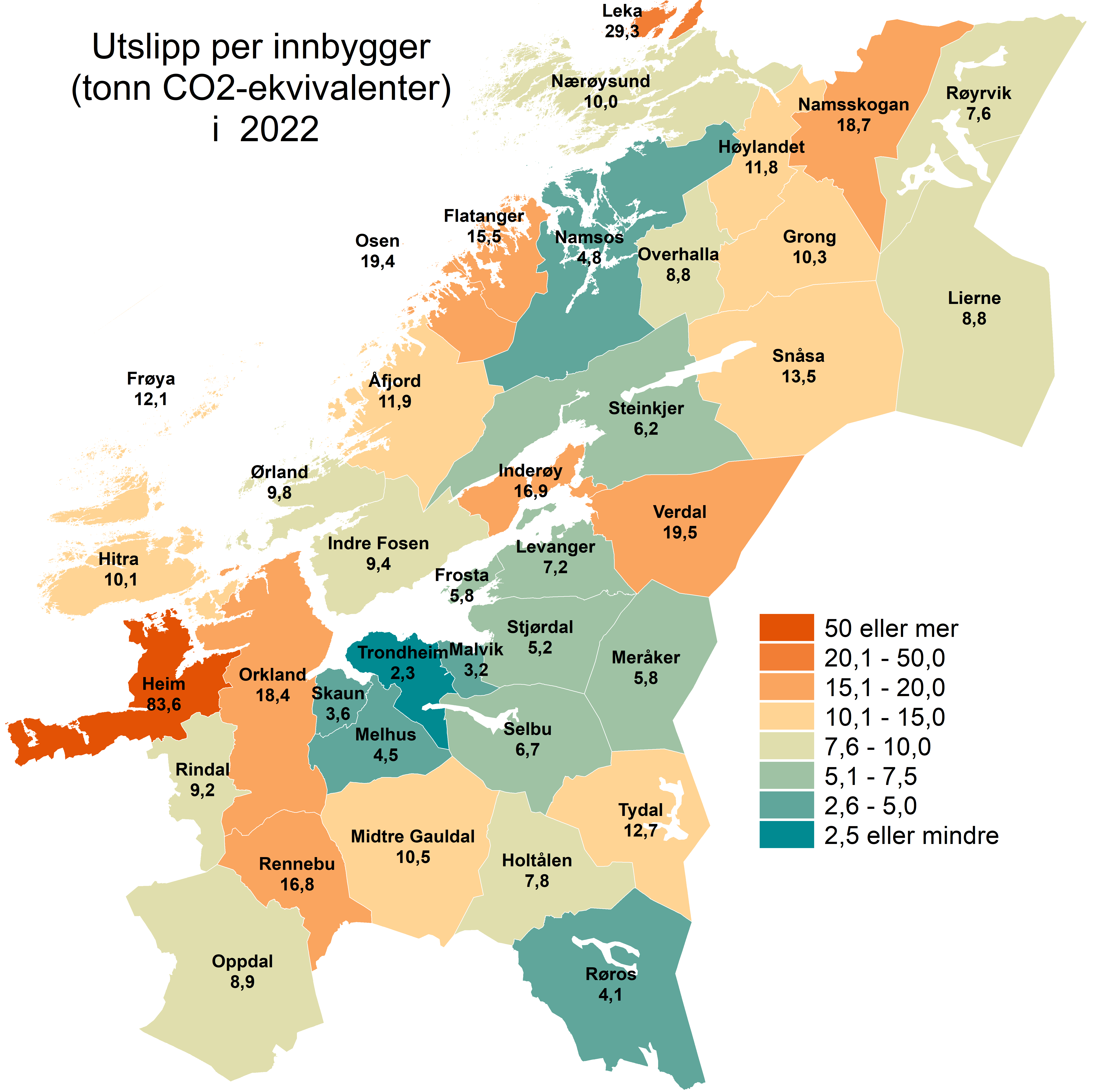 Klimagassutslipp (tonn CO2-ekv) per innbygger i  2022,  trønderske kommuner