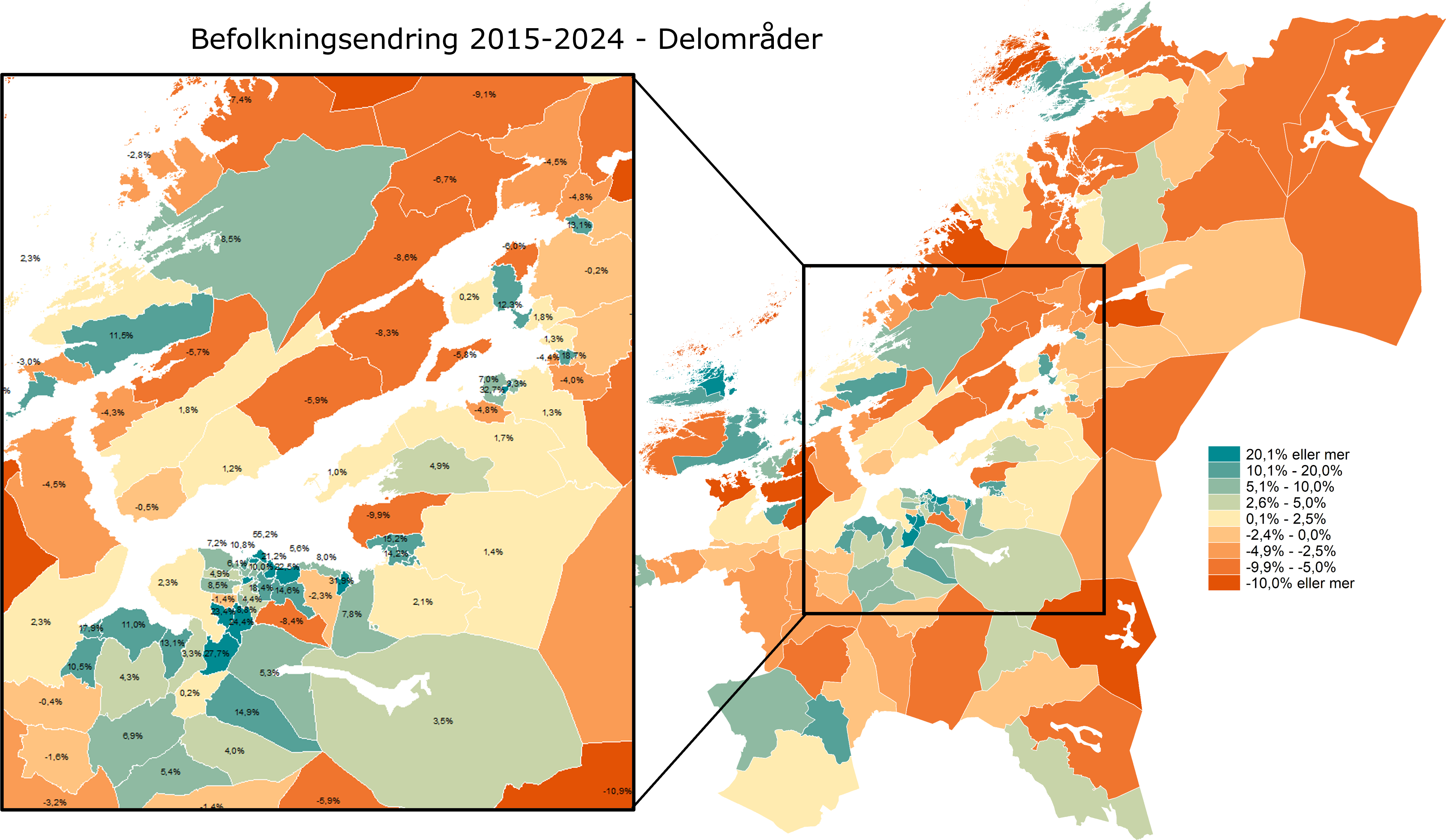 Befolkningsendring 2015-2024 - Delområder