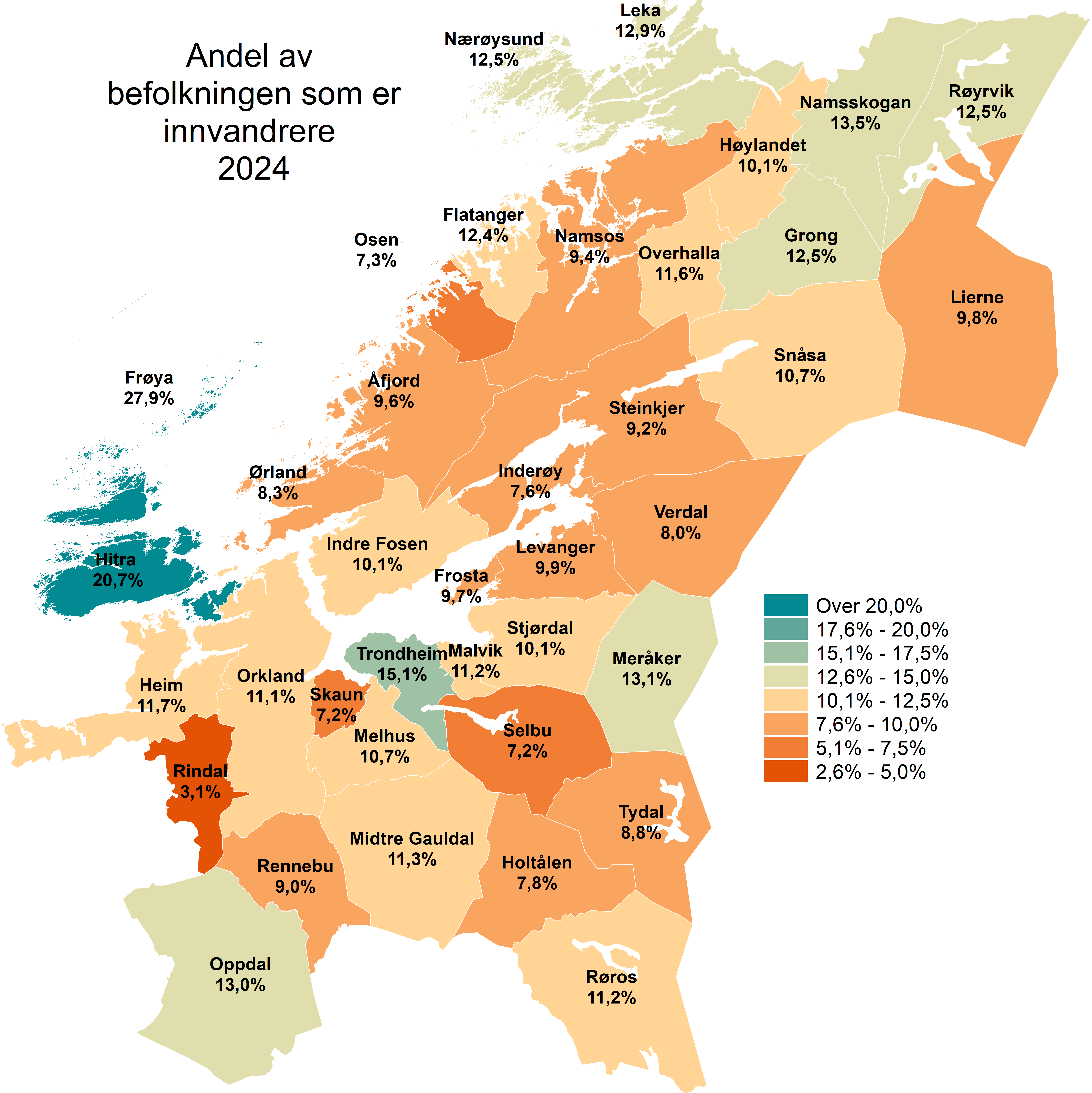 Andel innvandrere  - 2024, kommuner