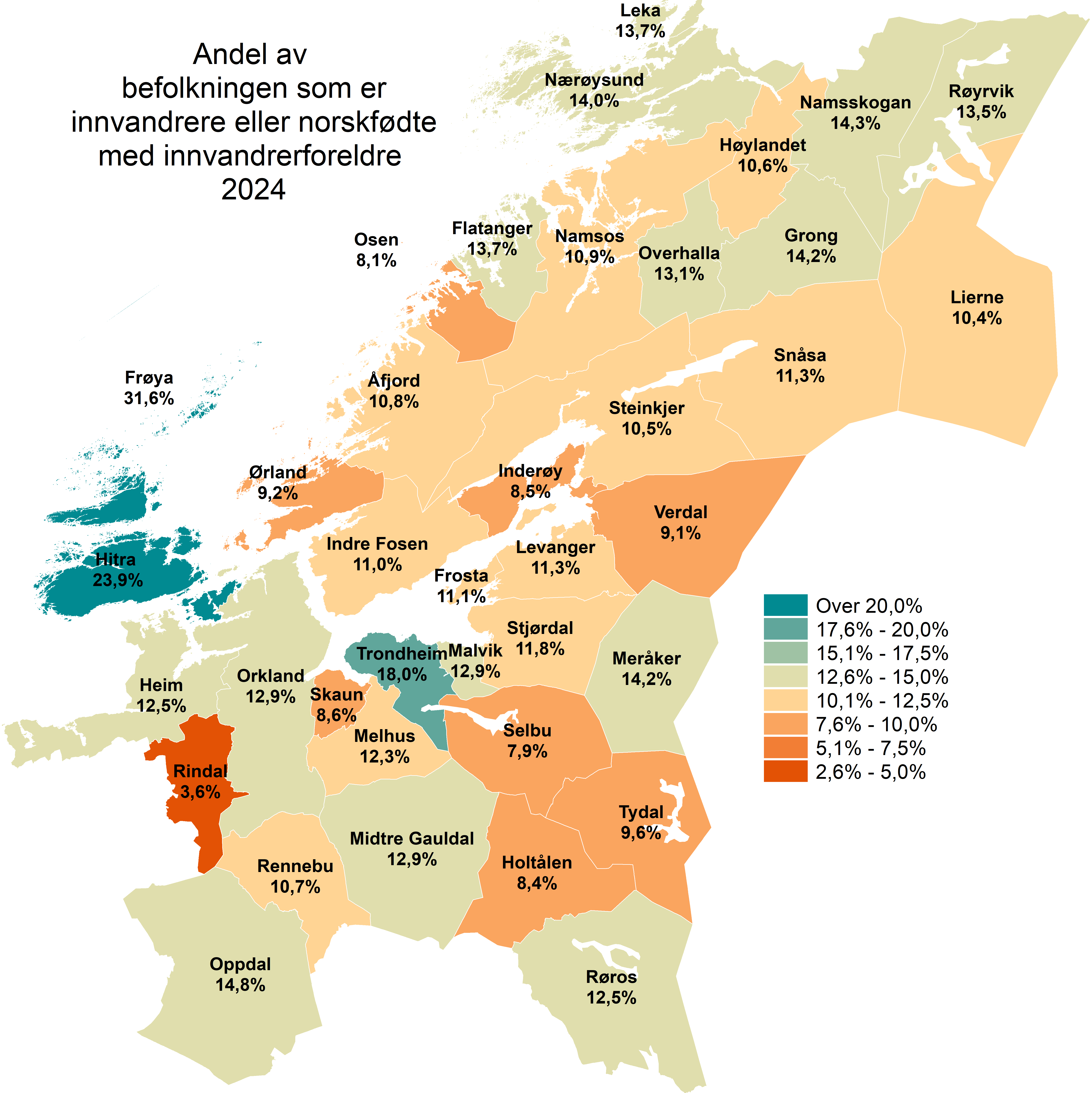 Andel innvandrere og norskfødte med innvandrerforelder - 2024, kommuner