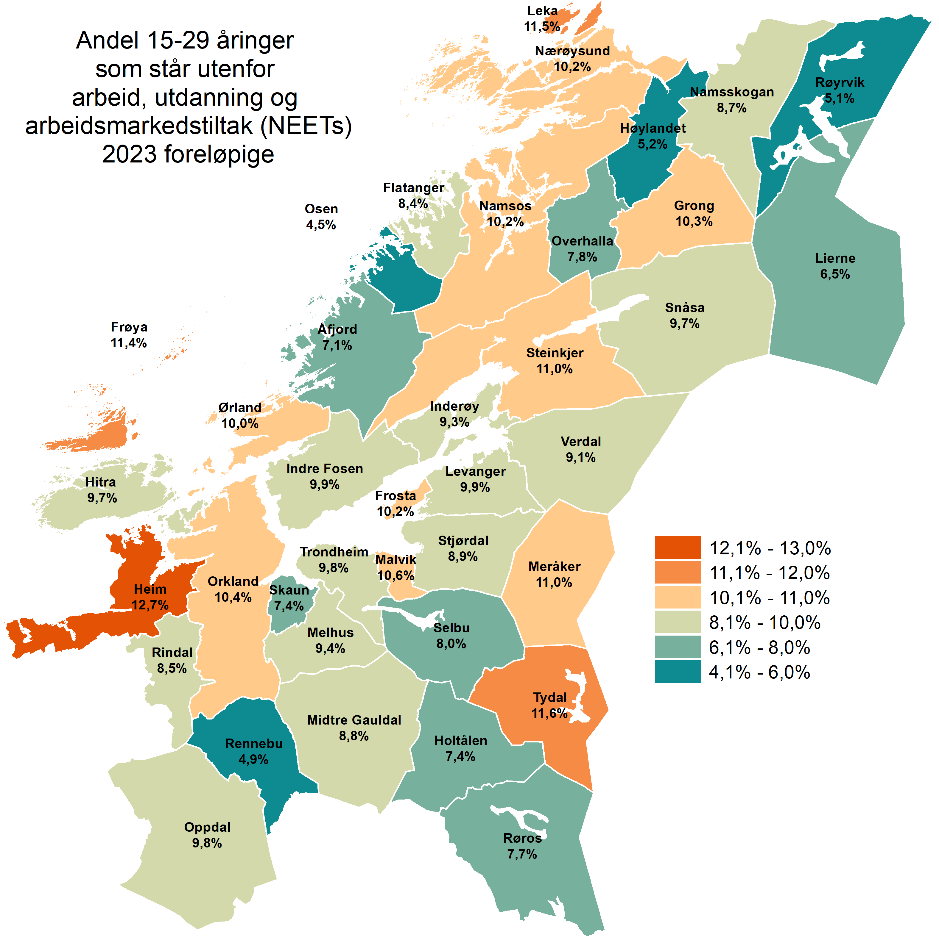 Andel 15-29 år utenfor arbeid, utdanning og arbeidsmarkedstiltak 2024, foreløpig