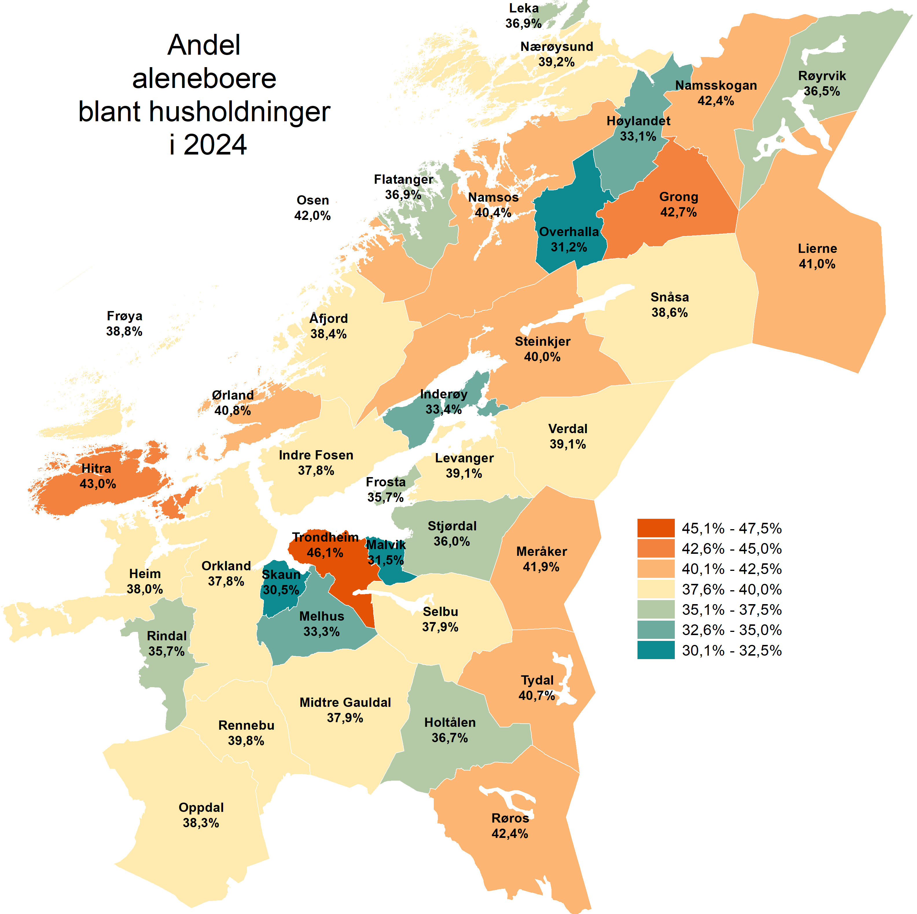 Andel aleneboere blant husholdninger i 2024