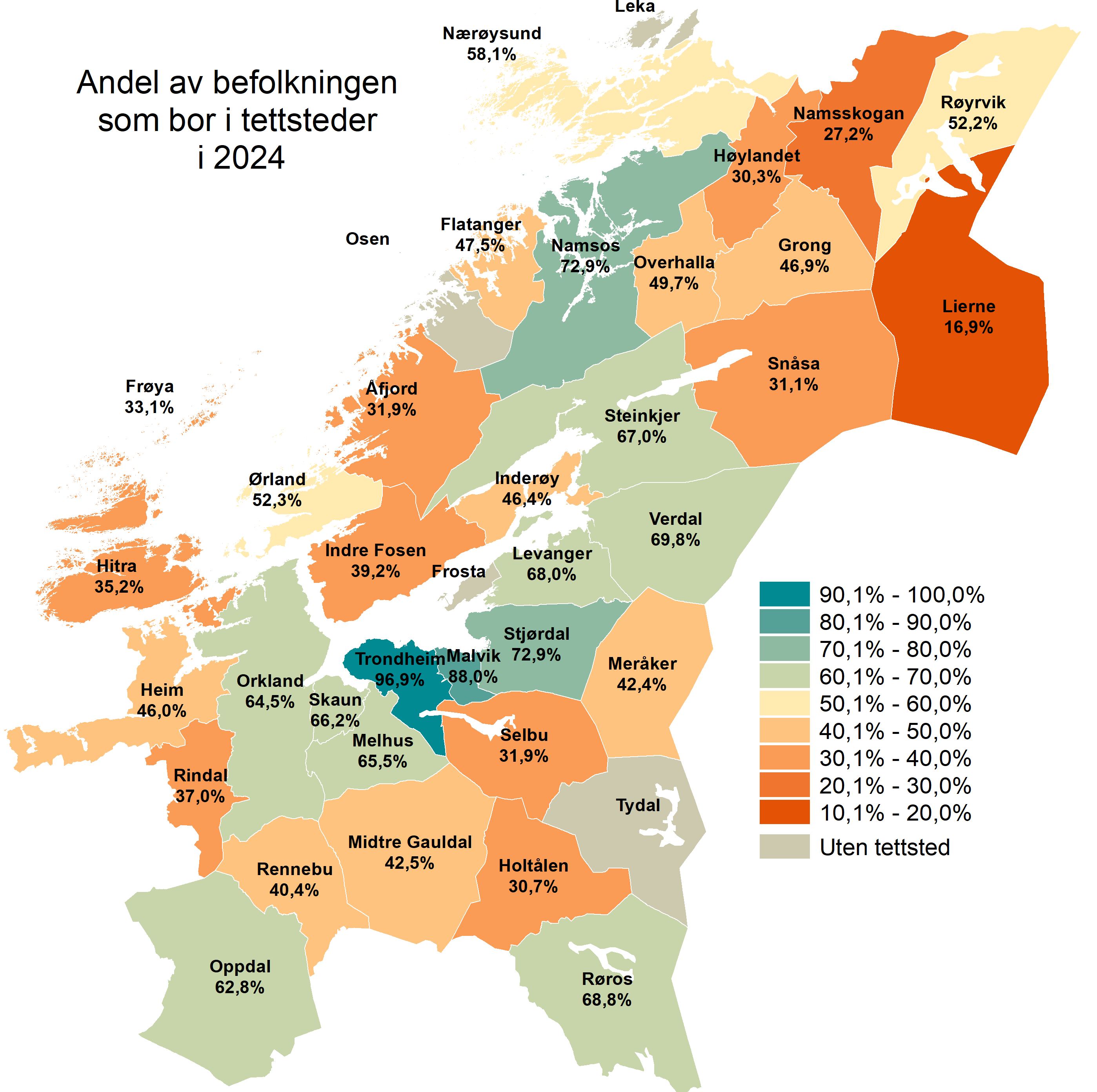 Andel av befolkningen som bor i tettsteder i 2024