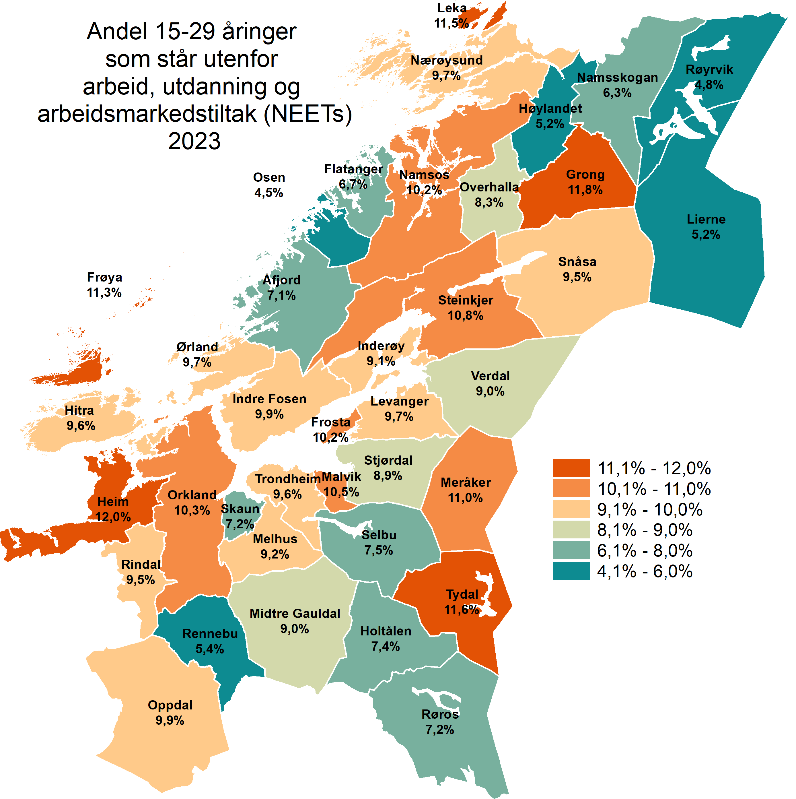 Andel 15-29 år utenfor arbeid, utdanning og arbeidsmarkedstiltak 2023 - reviderte tall