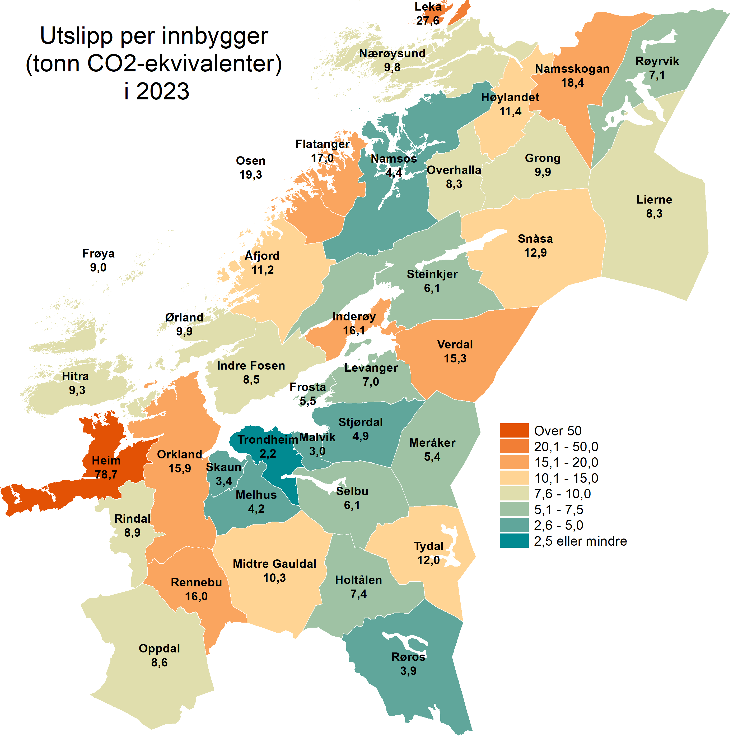 Klimagassutslipp per innbygger (tonn CO2-ekvivalenter) i 2023