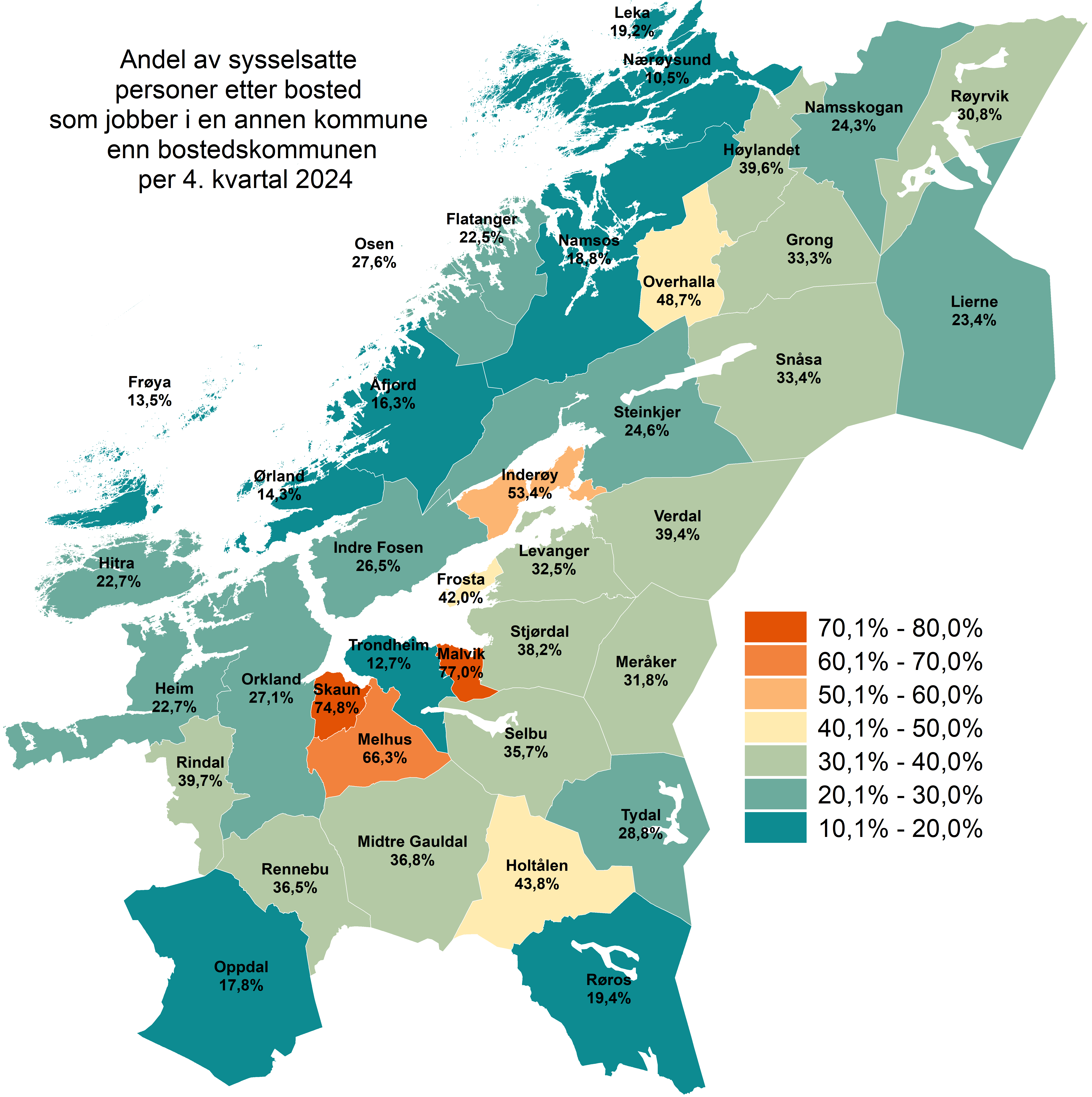 Andel av sysselsatte etter bosted som jobber i en annen kommune enn bostedskommunen, per 4. kvartal 2024