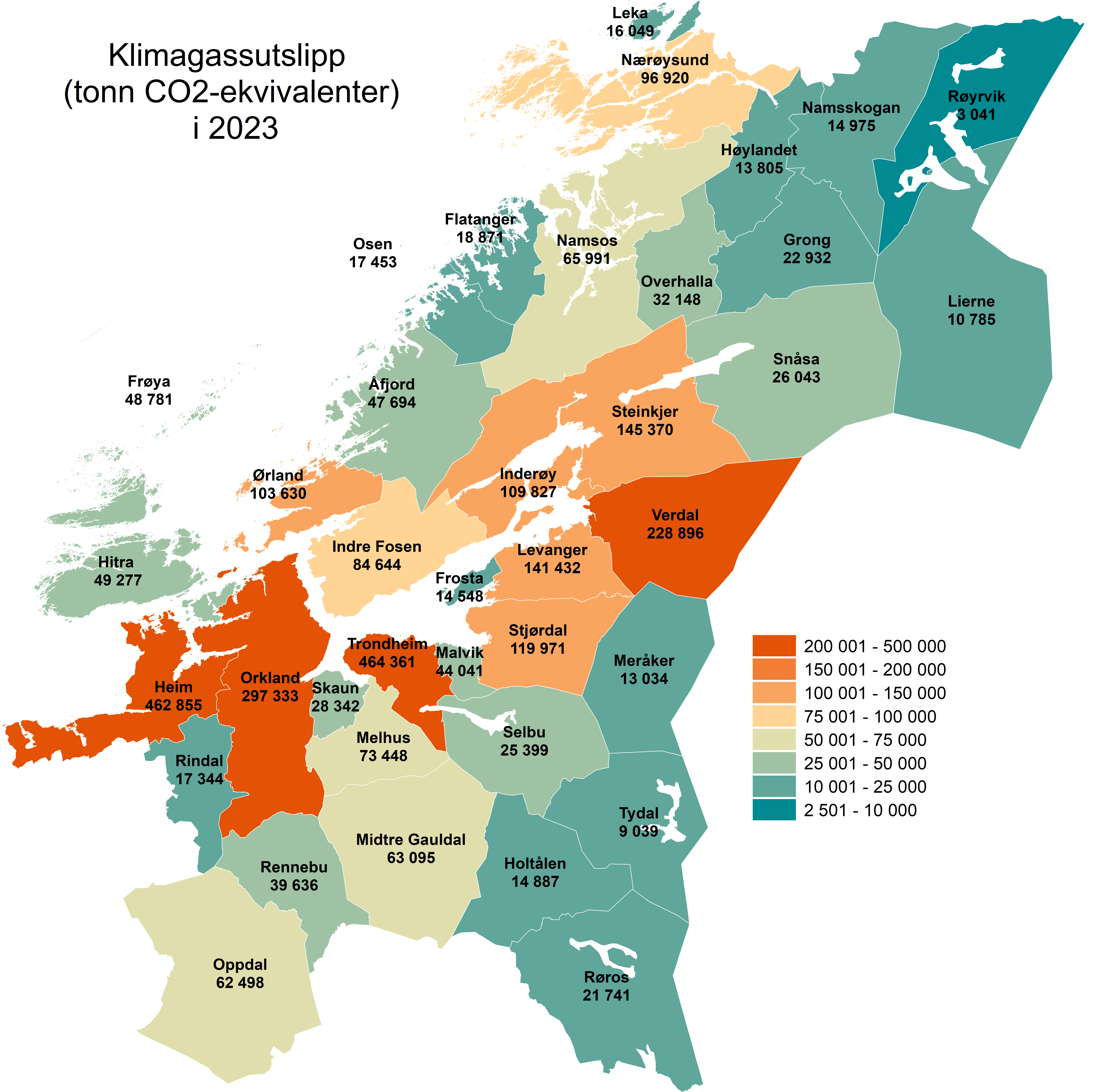 Klimagassutslipp (tonn CO2-ekvivalenter) i 2023- revidert