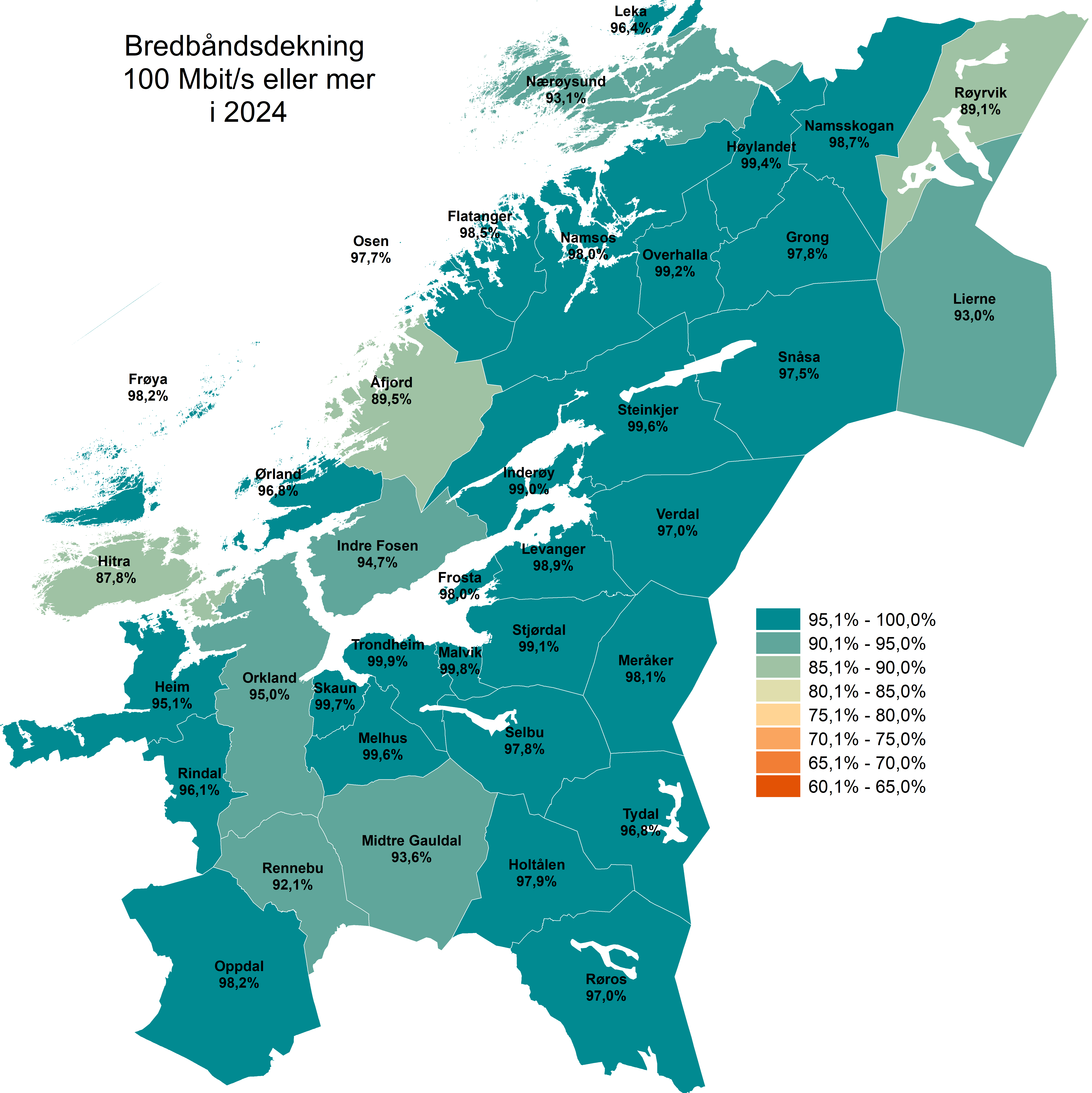 Bredbåndsdekning 100 Mbit/s eller mer i 2024