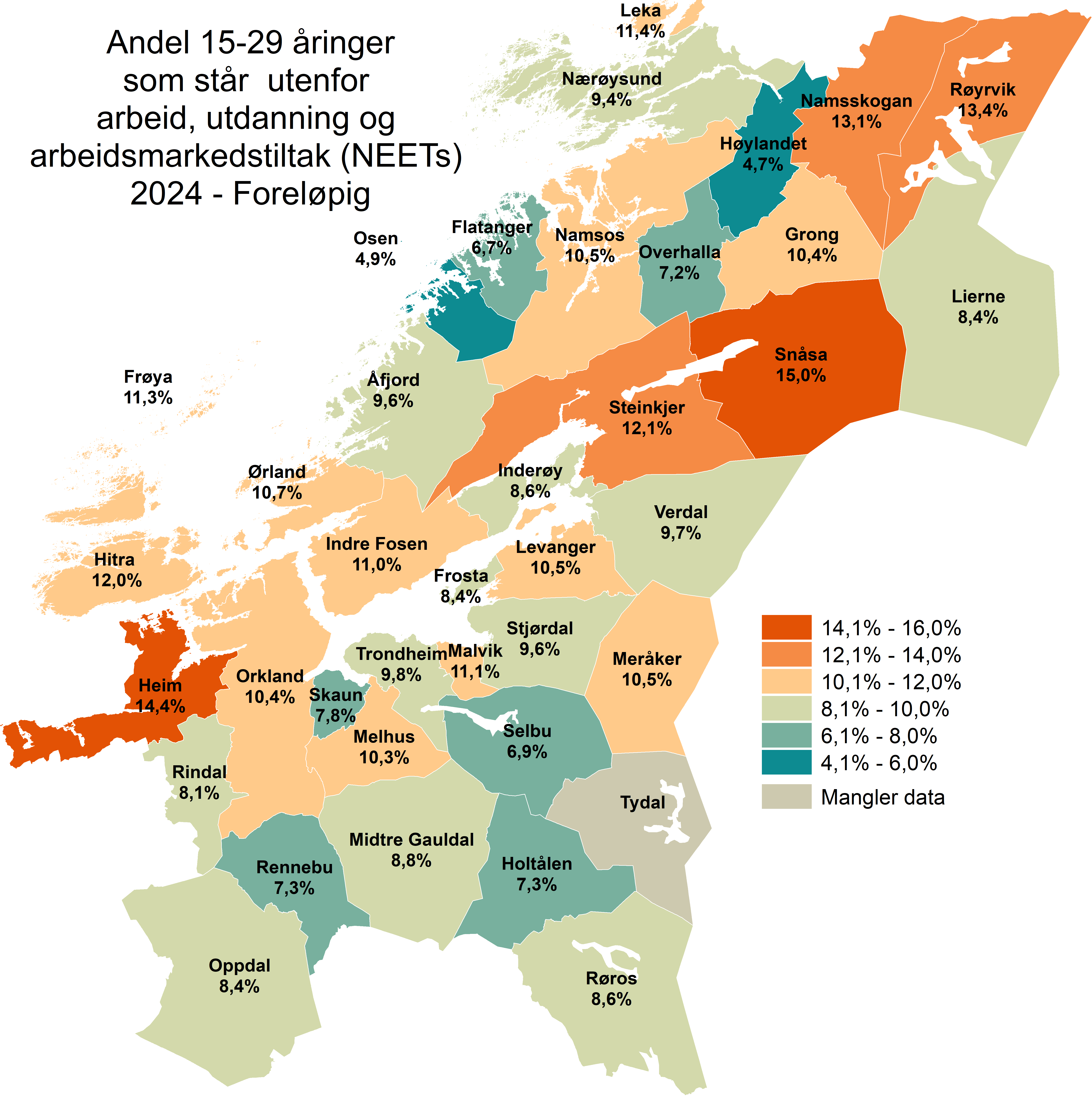 Andel 15-29 år utenfor arbeid, utdanning og arbeidsmarkedstiltak 2024- foreløpig
