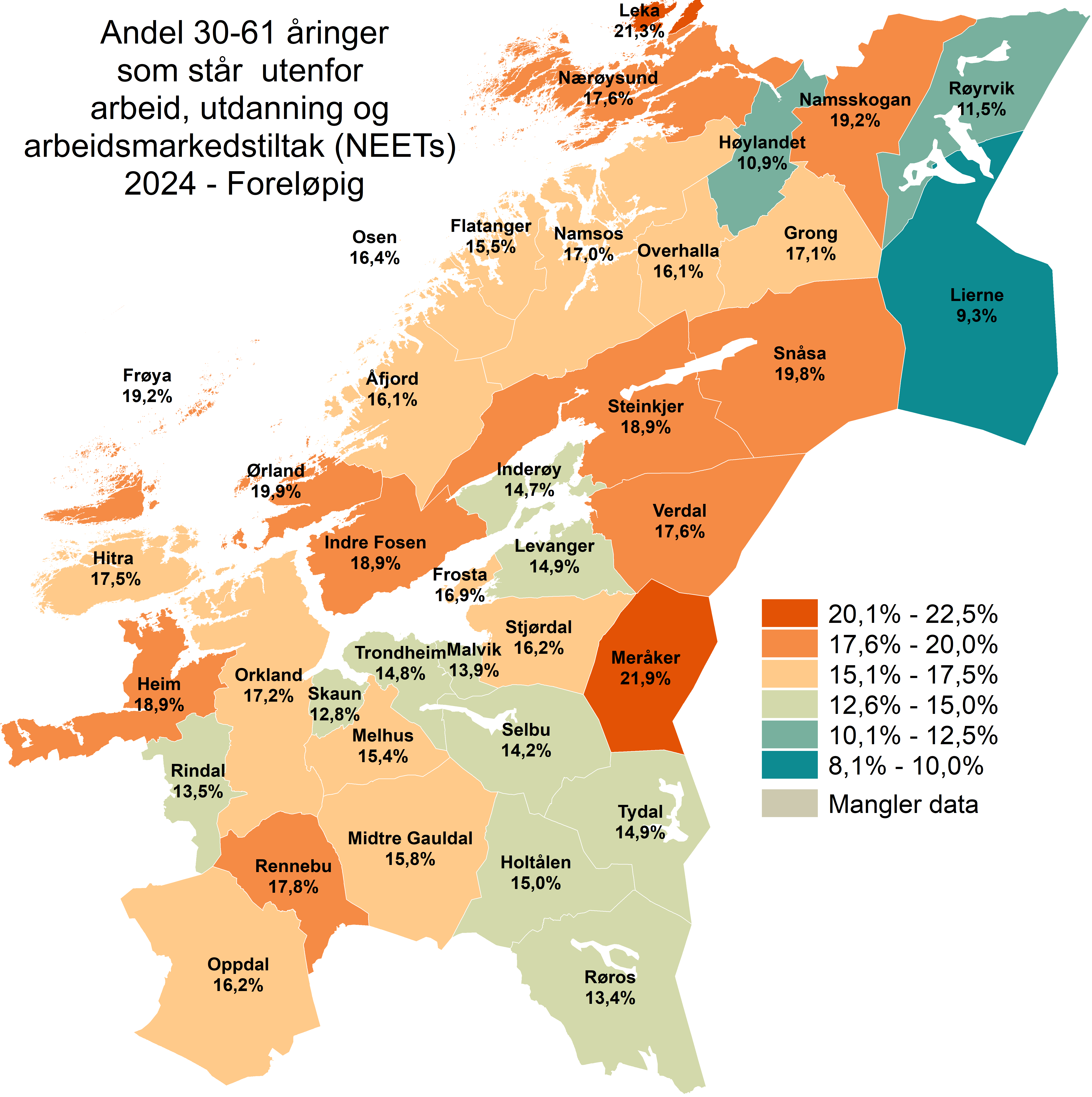 Andel 30-61 år utenfor arbeid, utdanning og arbeidsmarkedstiltak 2024- foreløpig