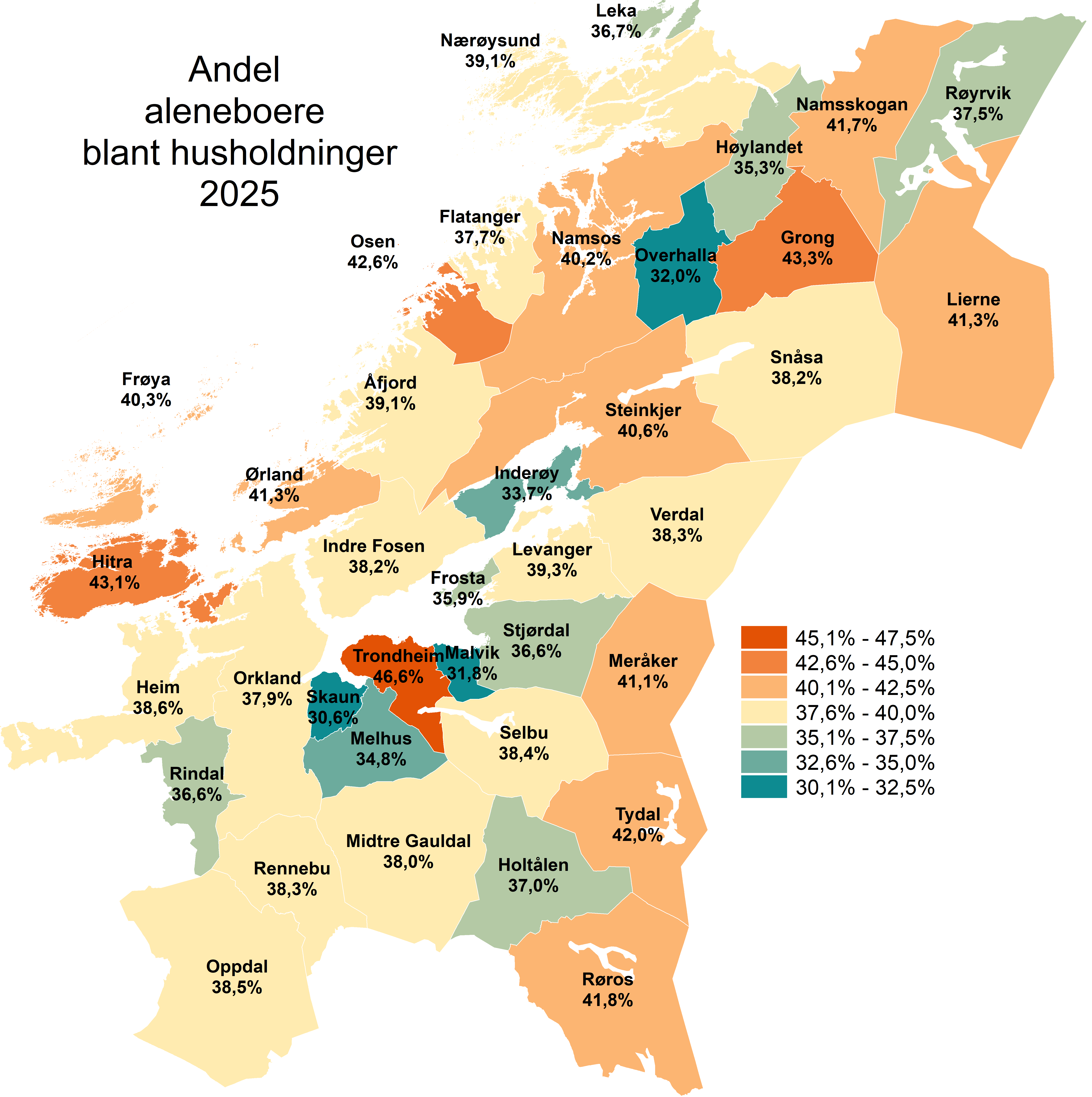 Andel aleneboere blant husholdninger i 2025