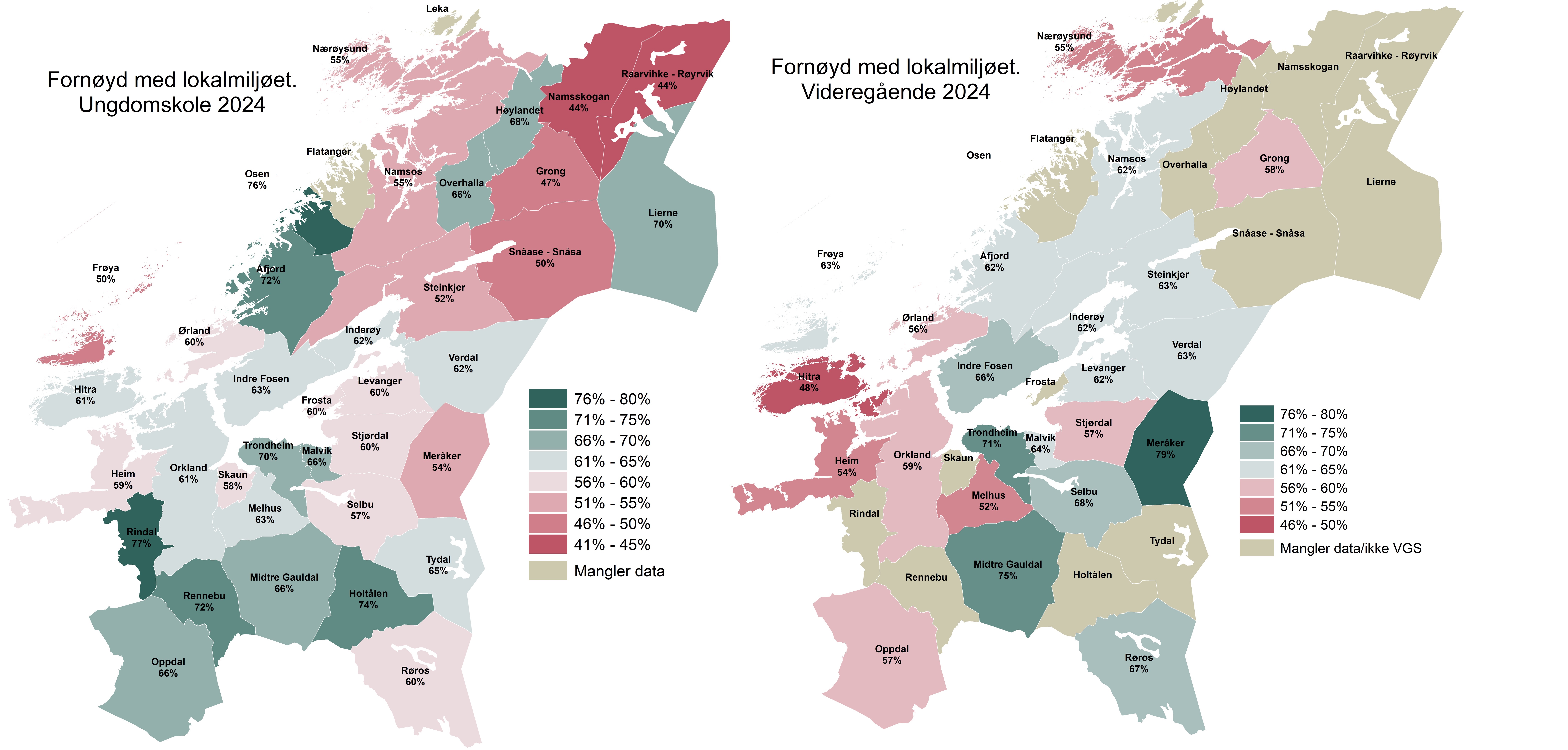Kart over andel fornøyde med sitt lokalmiljø