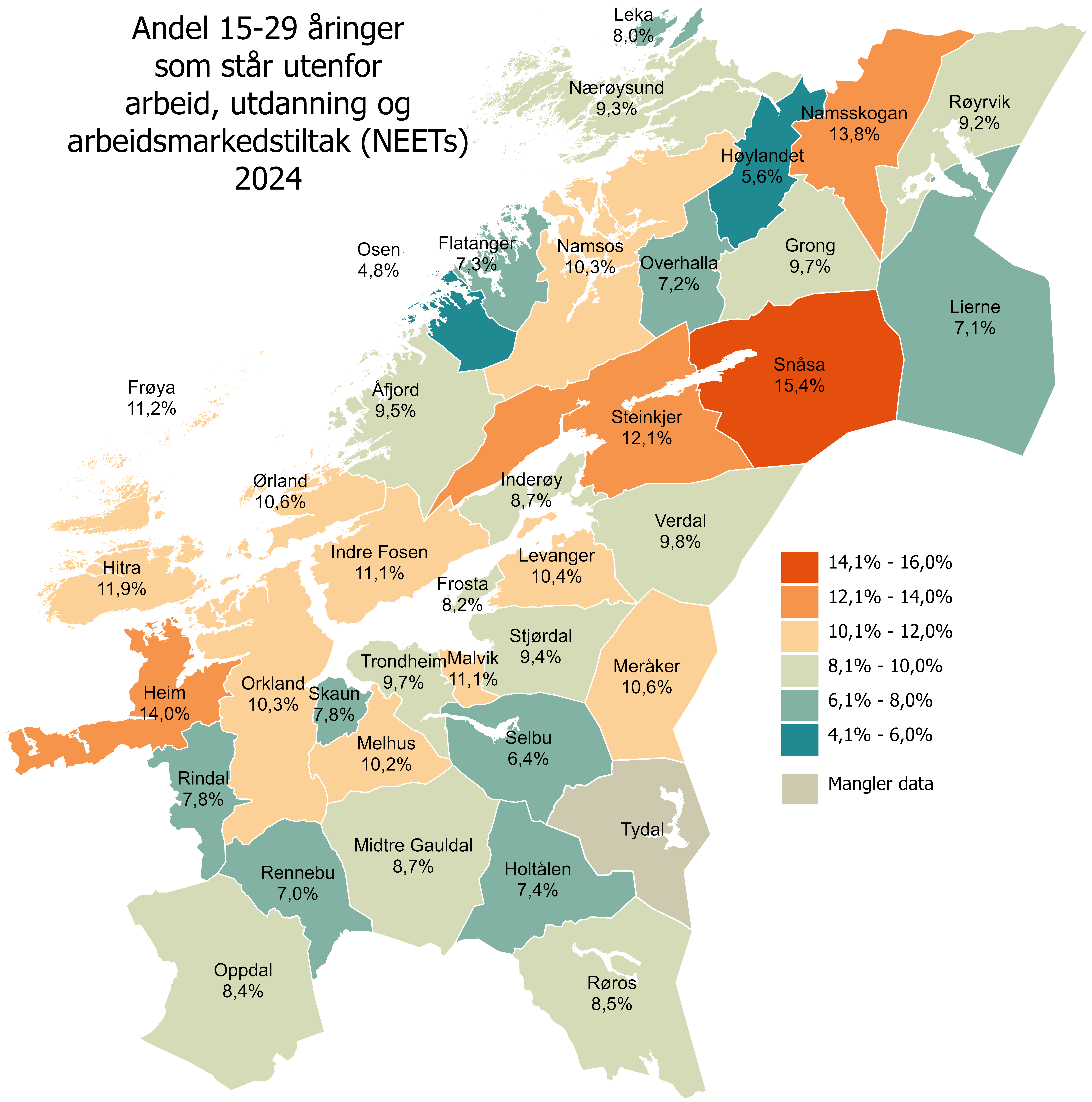 Andel 15-29 år utenfor arbeid, utdanning og arbeidsmarkedstiltak 2024