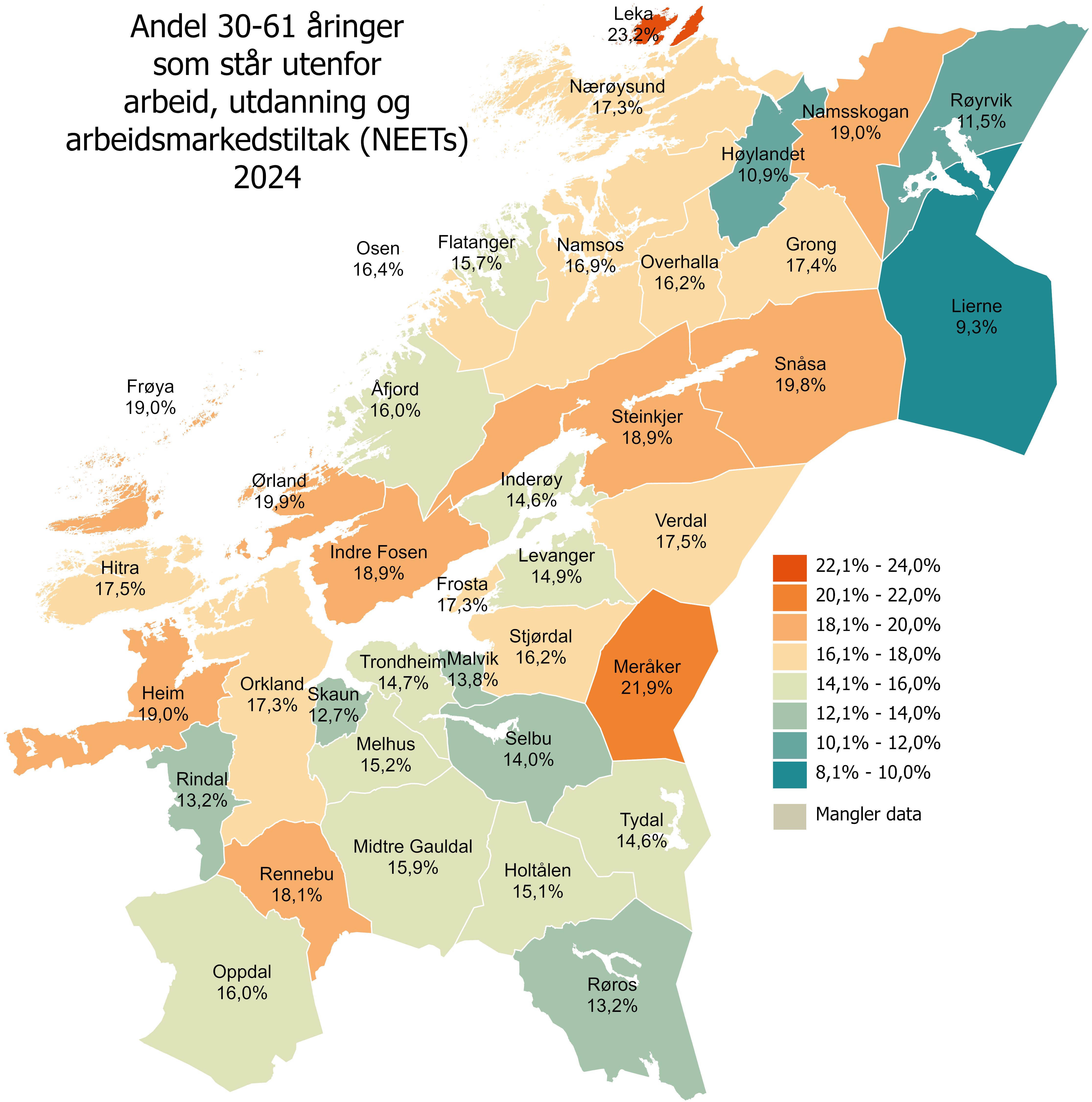 Andel 30-61 år utenfor arbeid, utdanning og arbeidsmarkedstiltak 2024