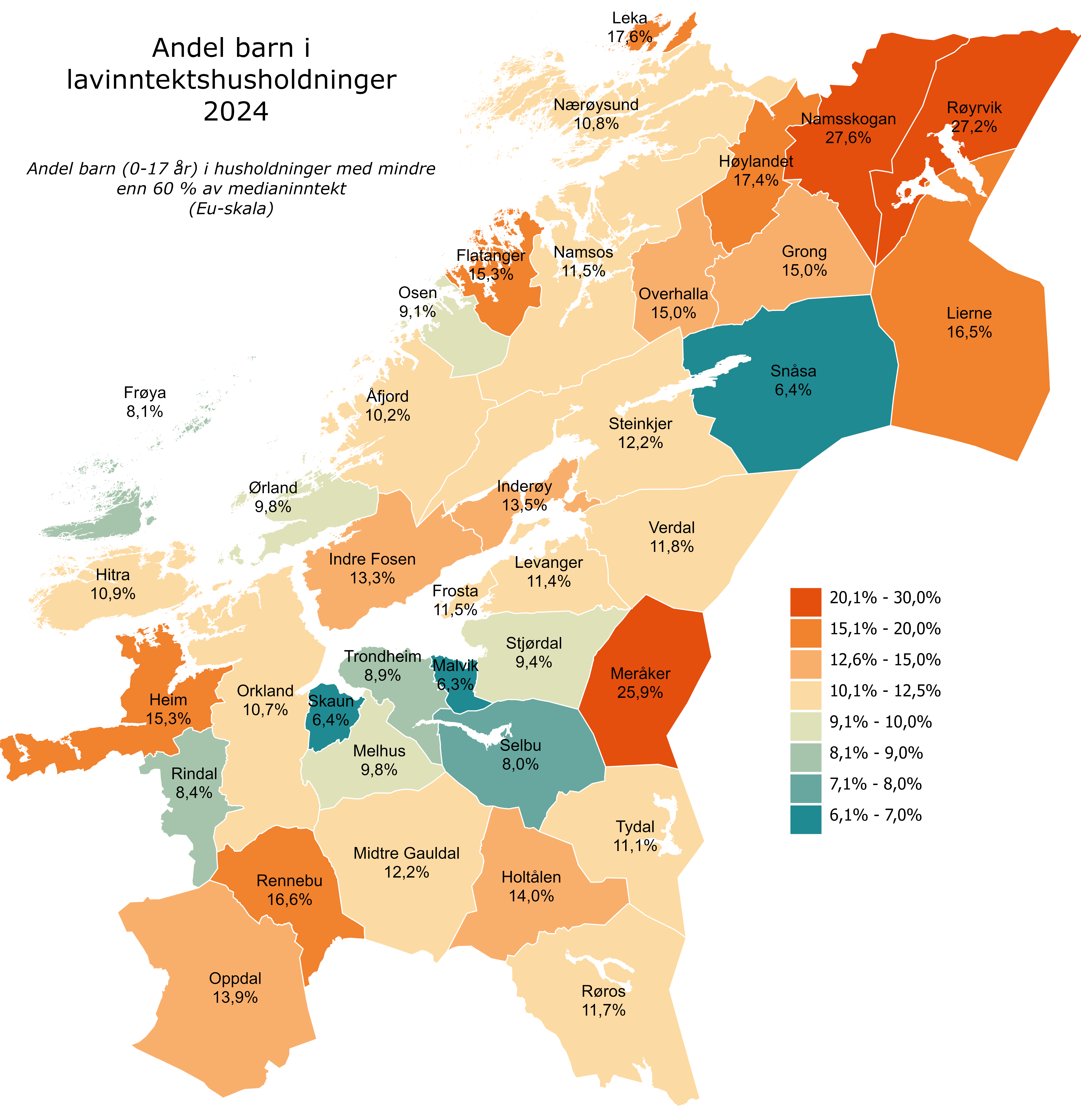 Andel av barn i Trøndelag som bor i lavinntektshusholdninger (EU-skala 60 prosent) i 2024