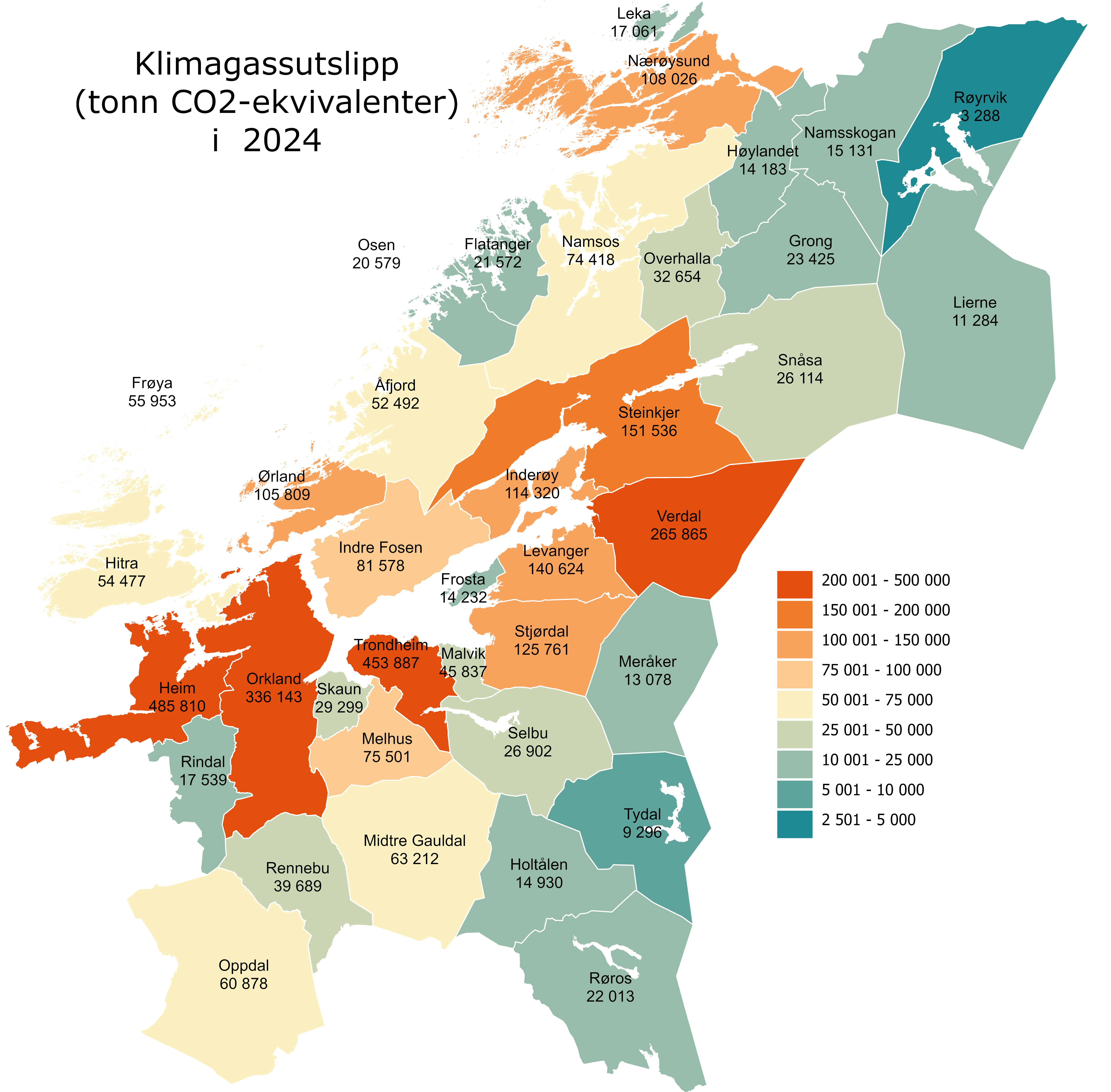 Klimagassutslipp (tonn CO2-ekv) i 2024, trønderske kommuner
