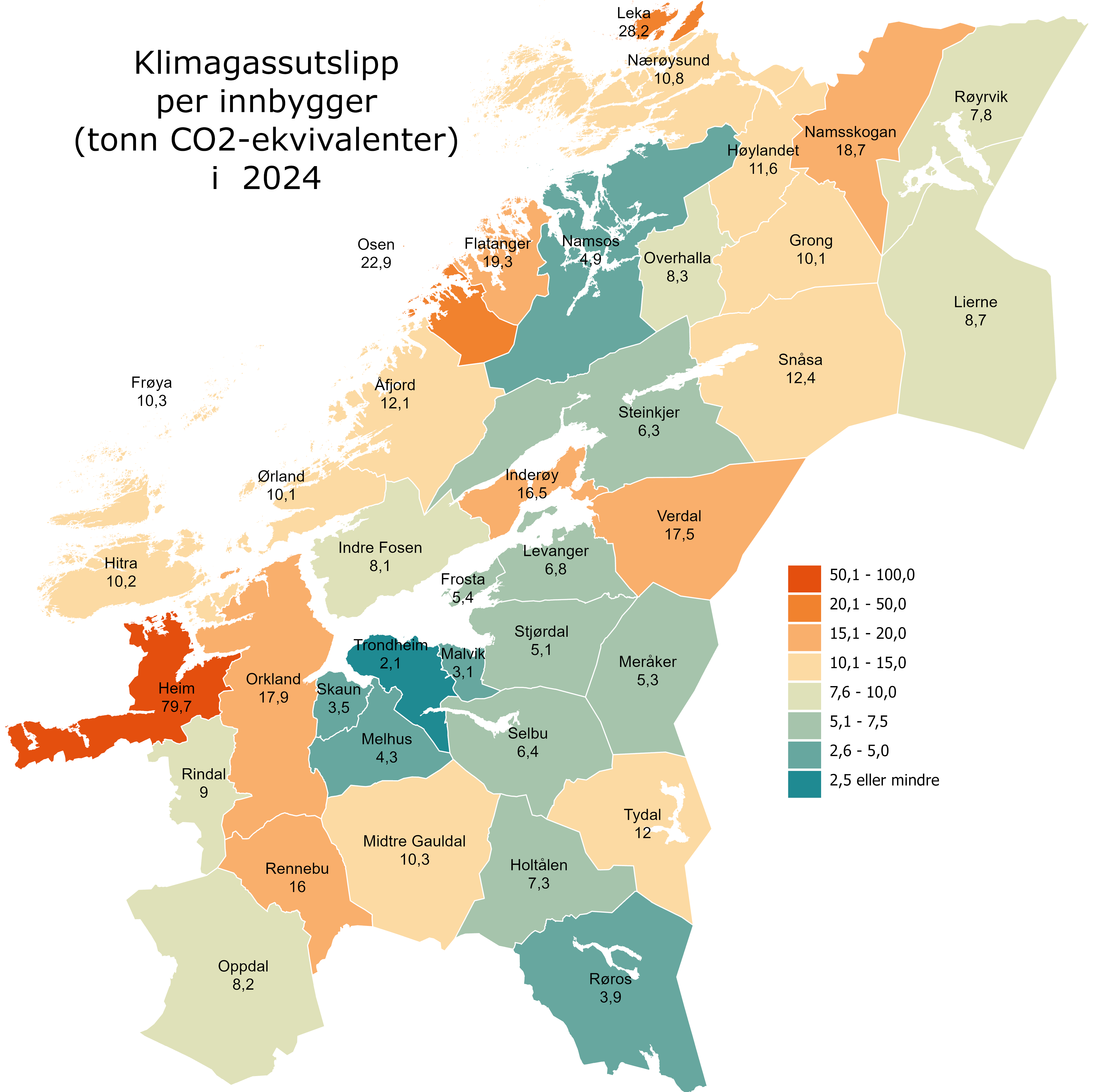 Klimagassutslipp per innbygger (tonn CO2-ekv) i 2024, trønderske kommuner
