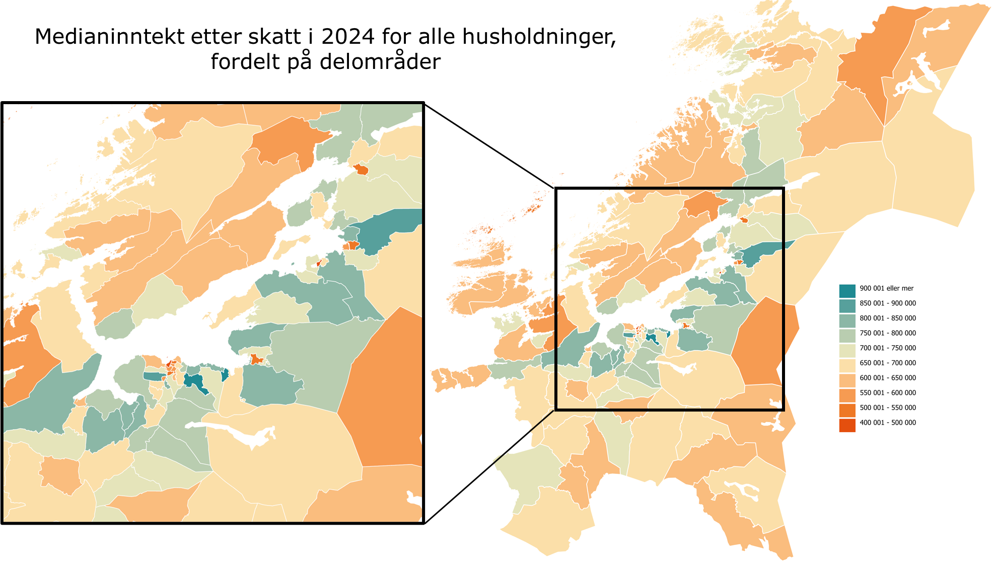 Medianinntekt etter skatt i 2024 for alle husholdninger, fordelt på delområder