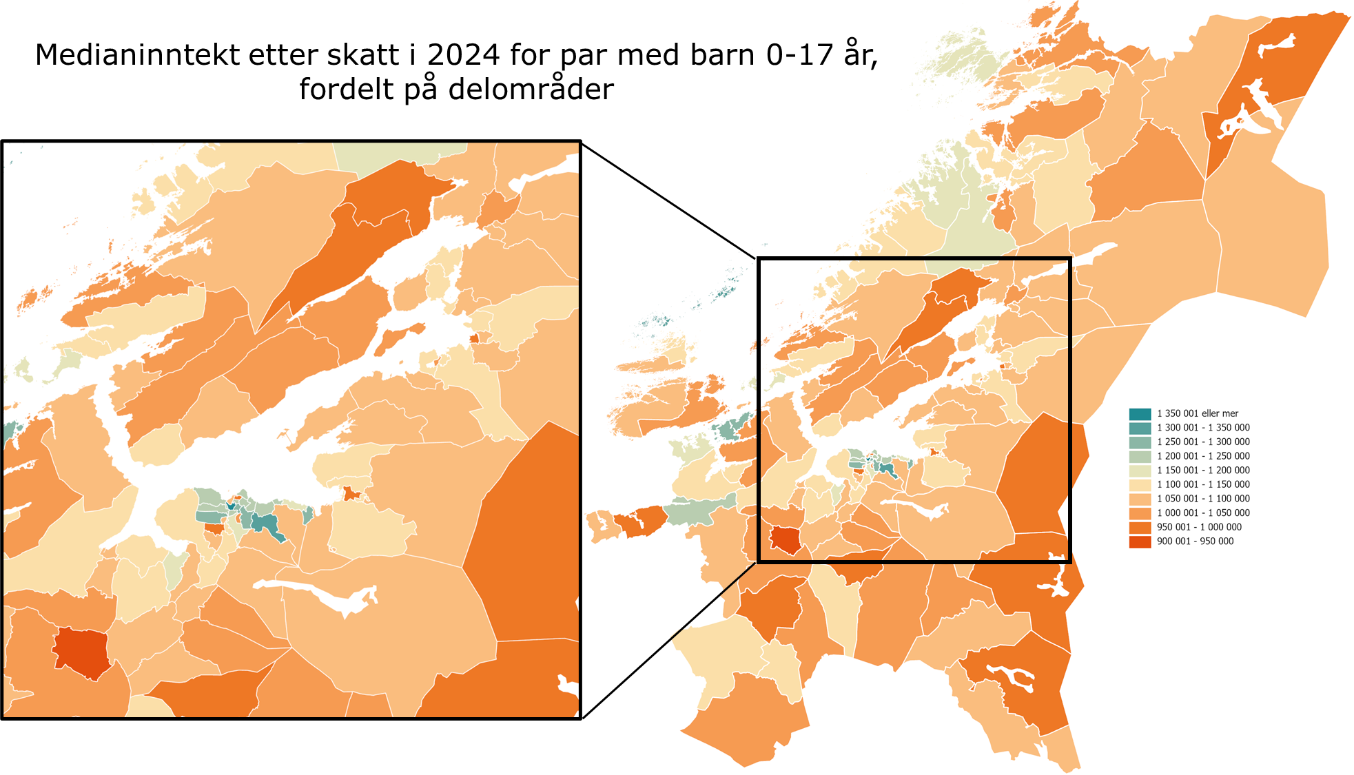 Medianinntekt etter skatt i 2024 for par med barn 0-17 år, fordelt på delområder