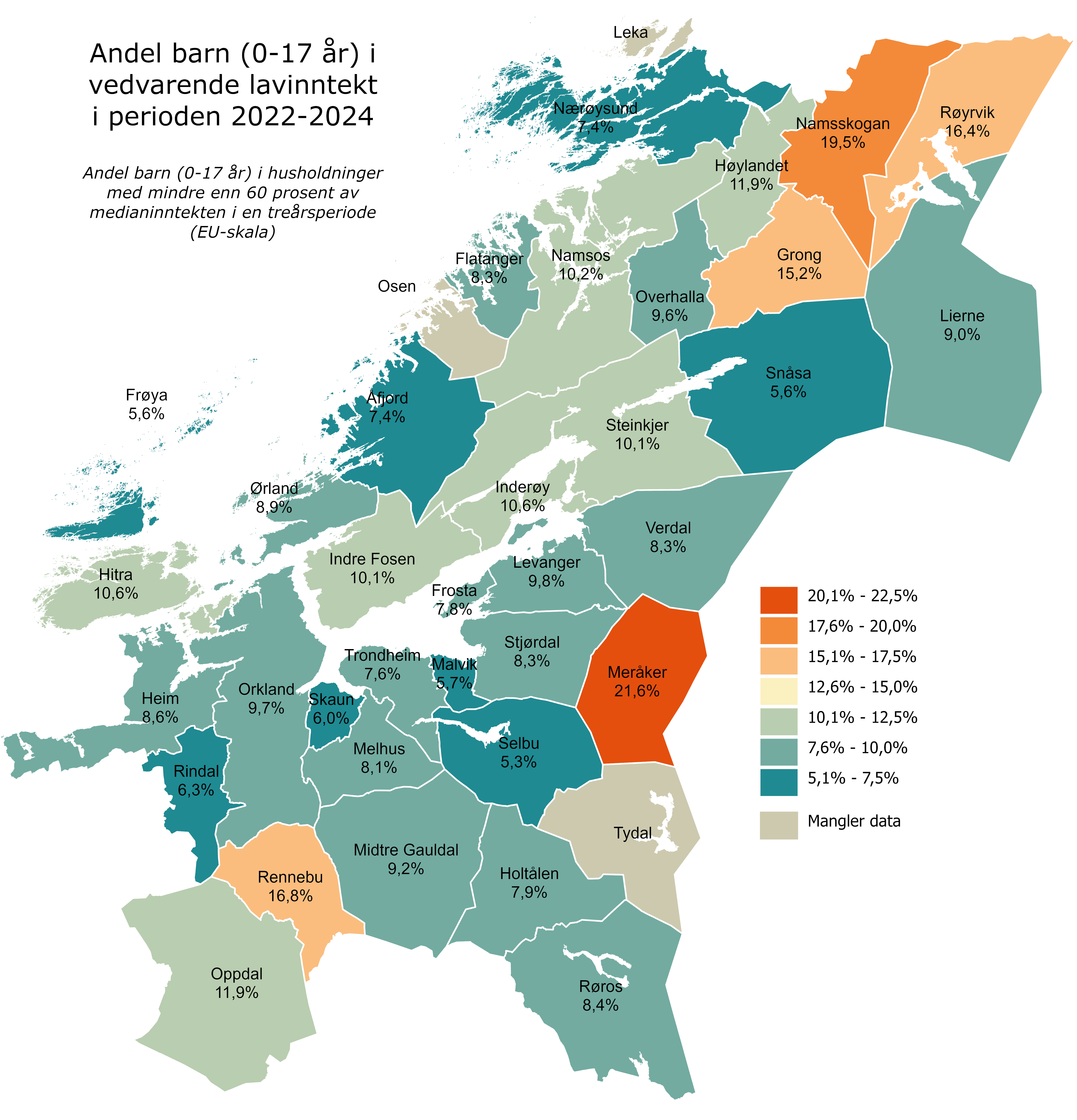 Andel av barn i Trøndelag som bor i husholdninger med vedvarende lavinntekt (EU-skala 60 prosent) i 2022-2024