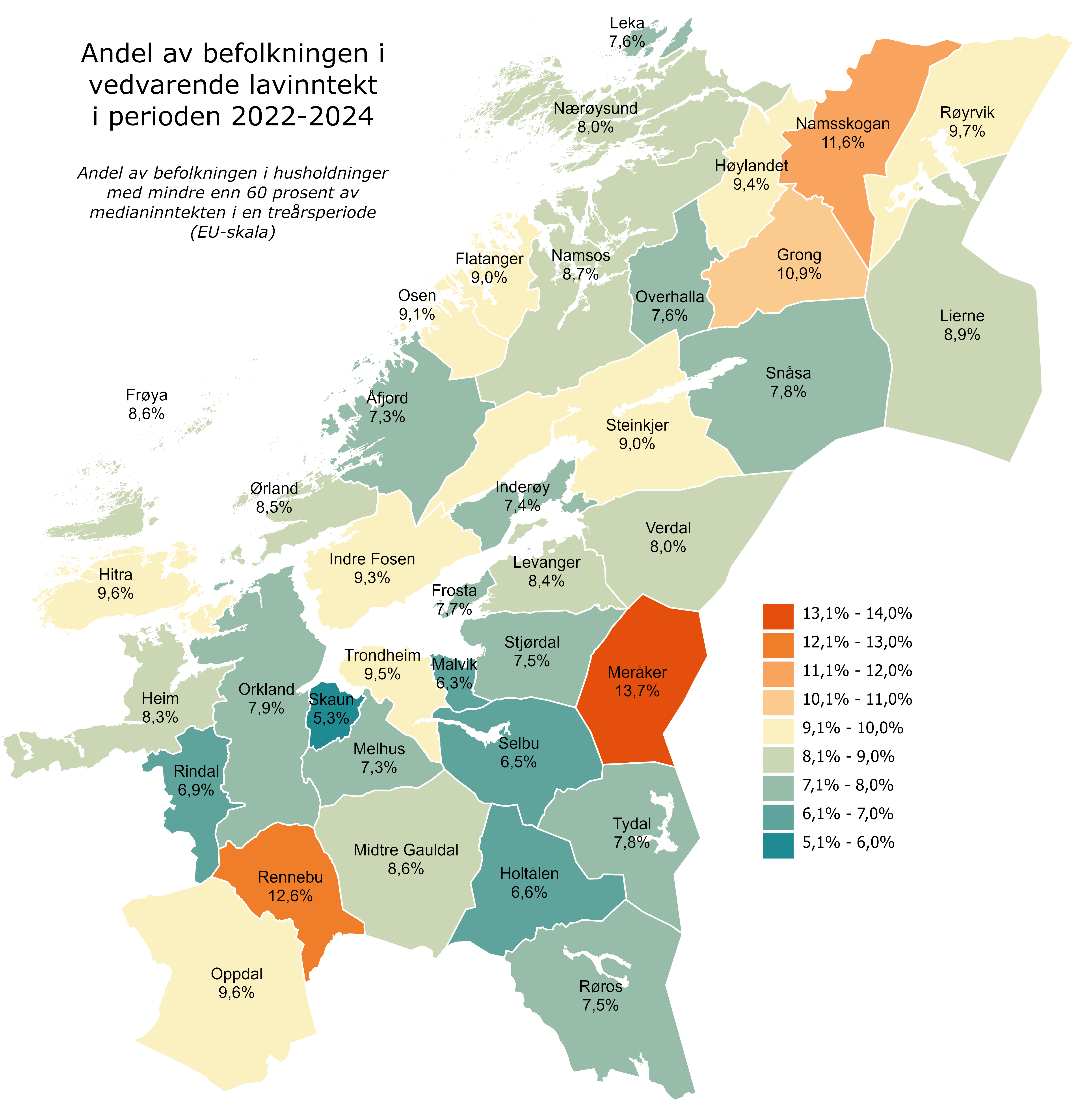 Andel av befolkningen i Trøndelag som bor i husholdninger med vedvarende lavinntekt (EU-skala 60 prosent) i 2022-2024