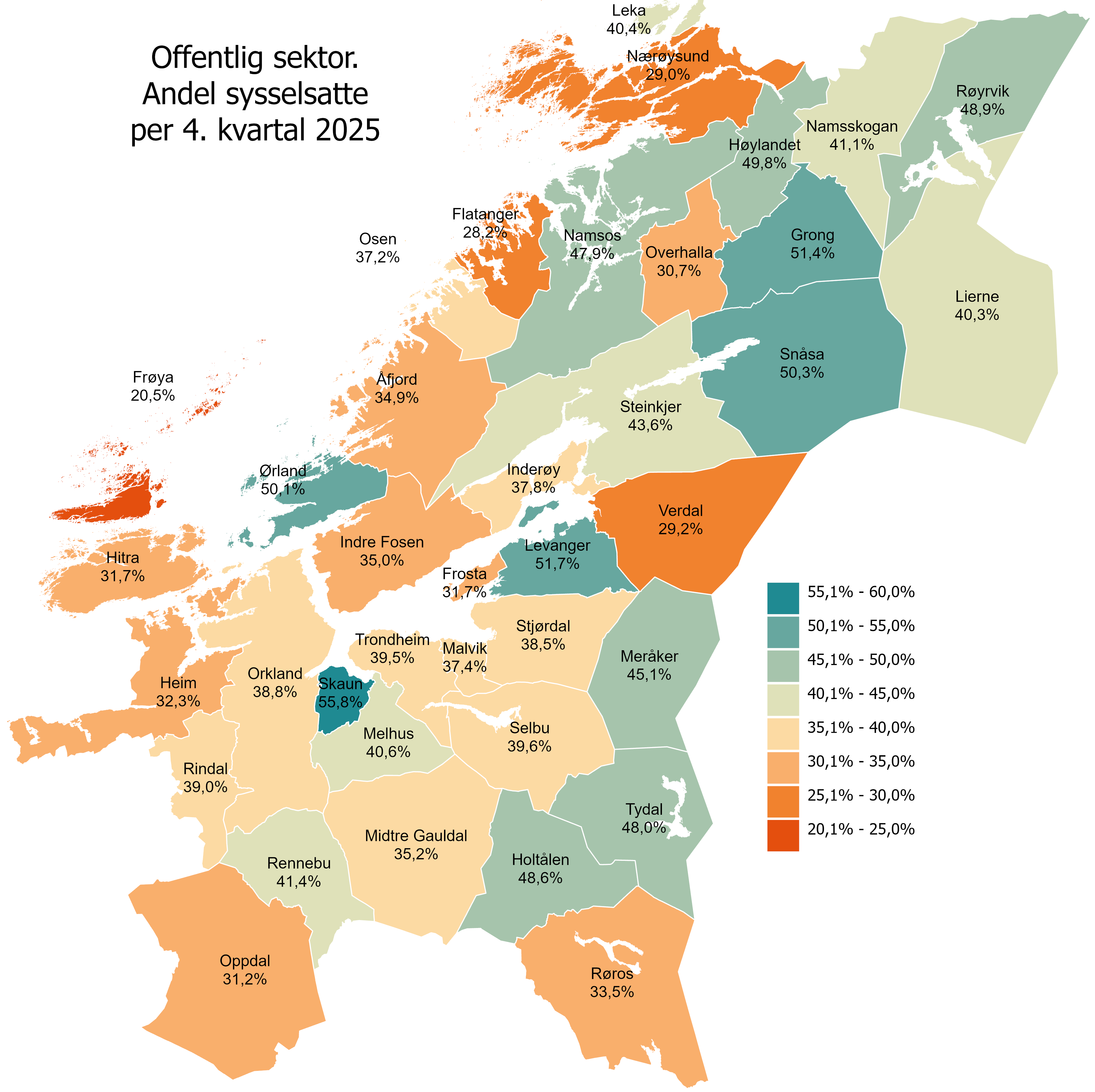 Offentlig sektor. Andel sysselsatte per 4. kvartal 2025