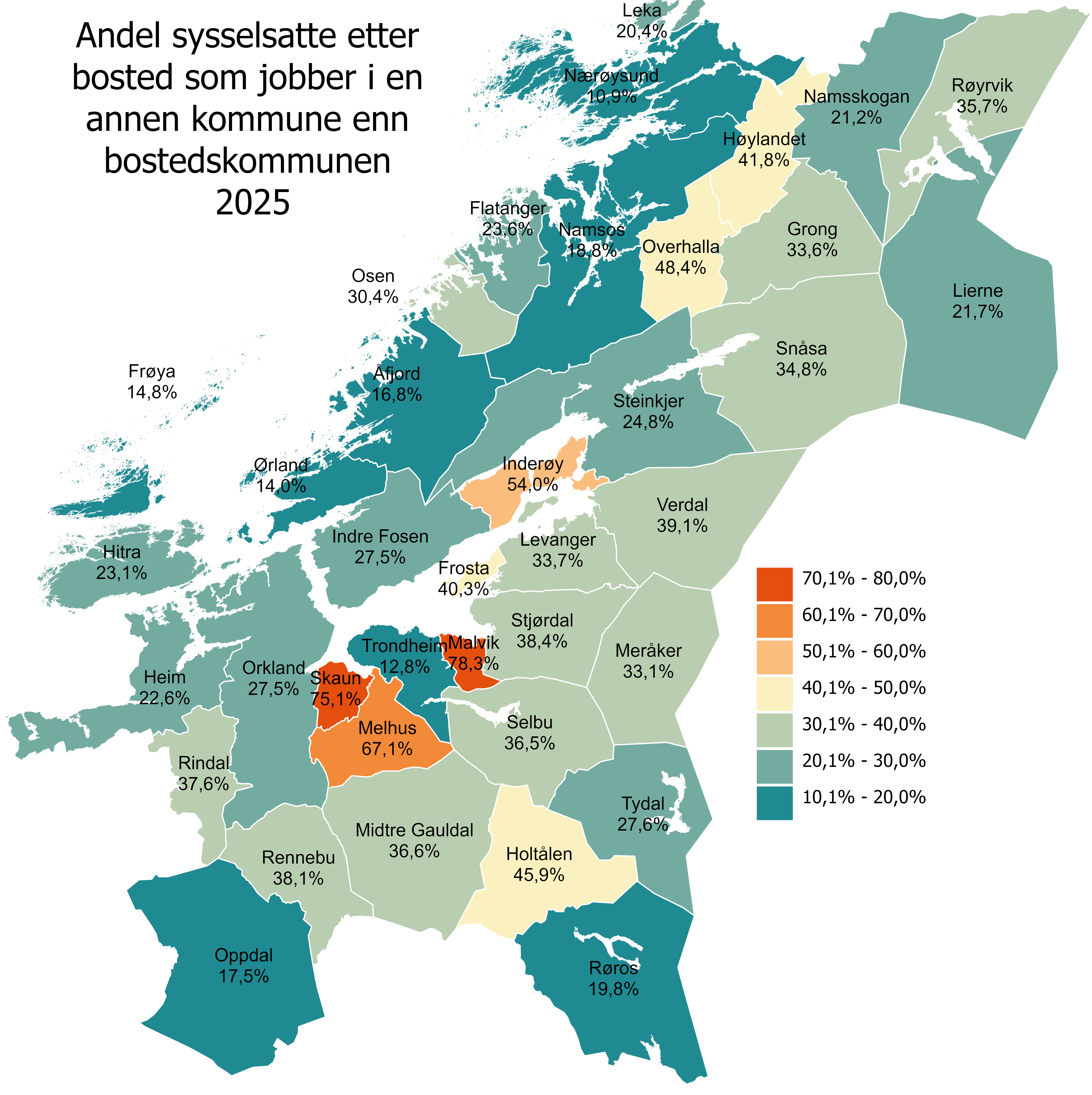 Andel av sysselsatte personer etter bosted  som jobber i en annen kommune enn bostedskommunen, Trøndelag i 2025