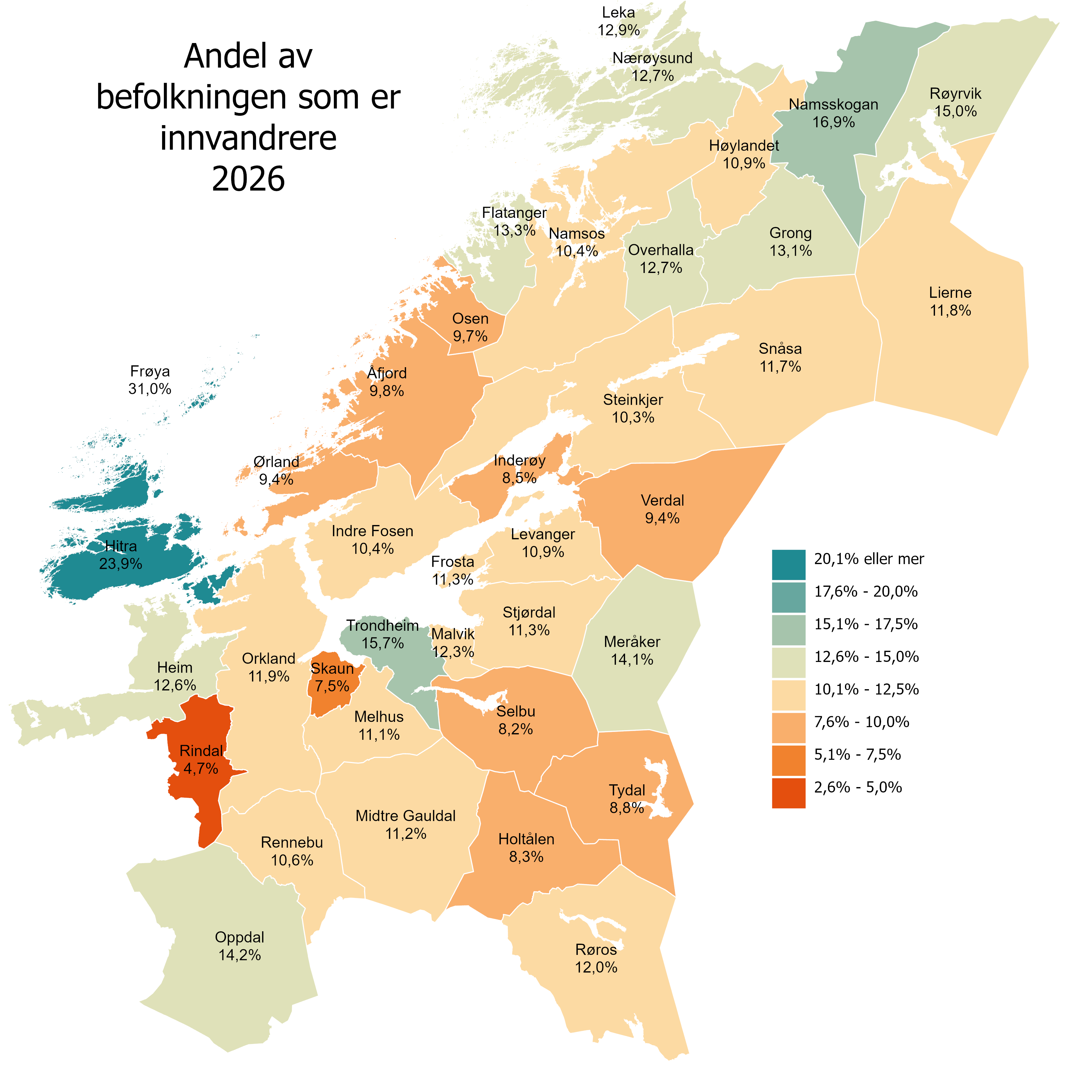 Andel innvandrere bosatt i Trøndelag i  2026