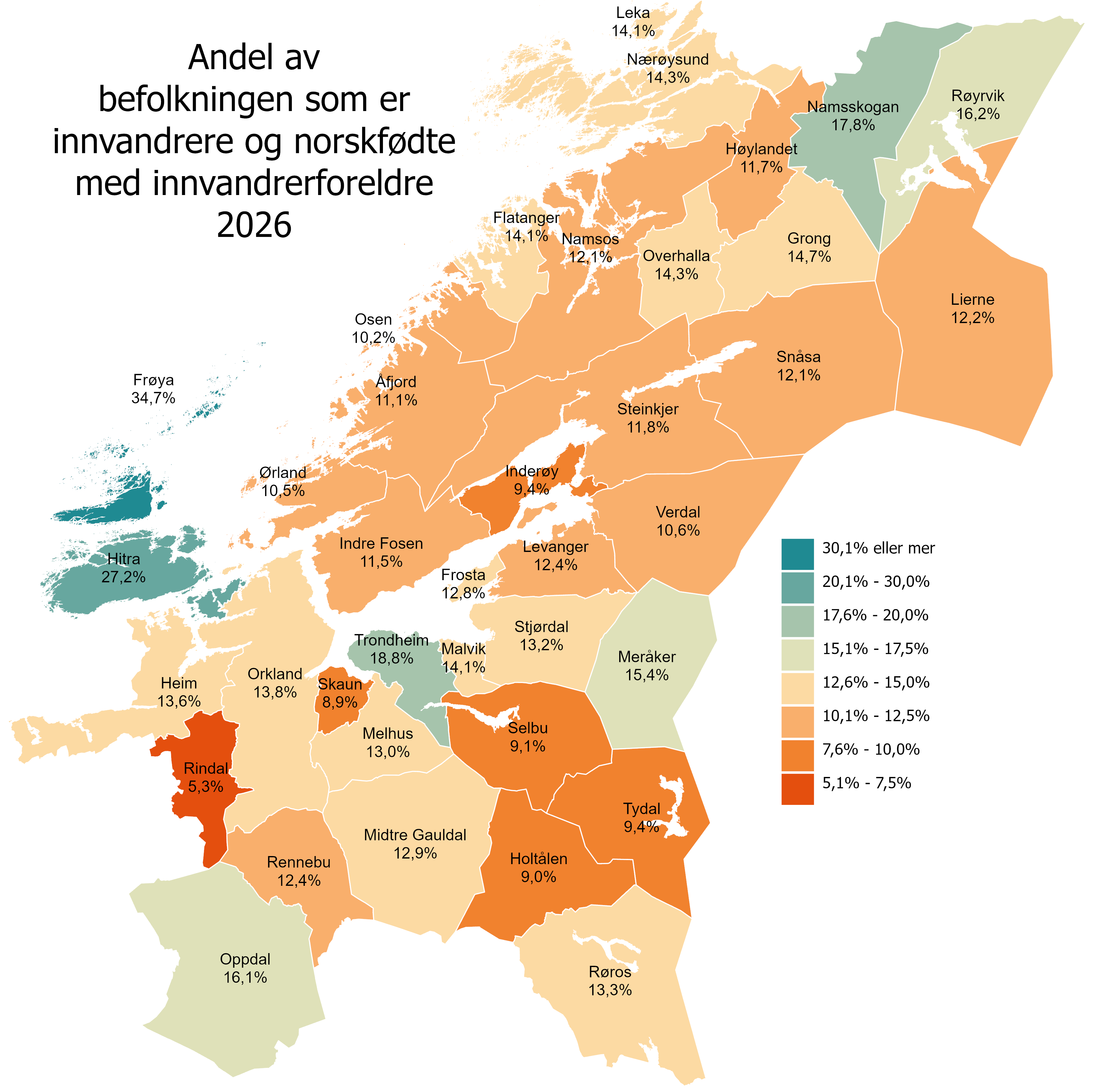 Andel innvandrere og norskfødte med innvandrerforeldre bosatt i Trøndelag i  2026