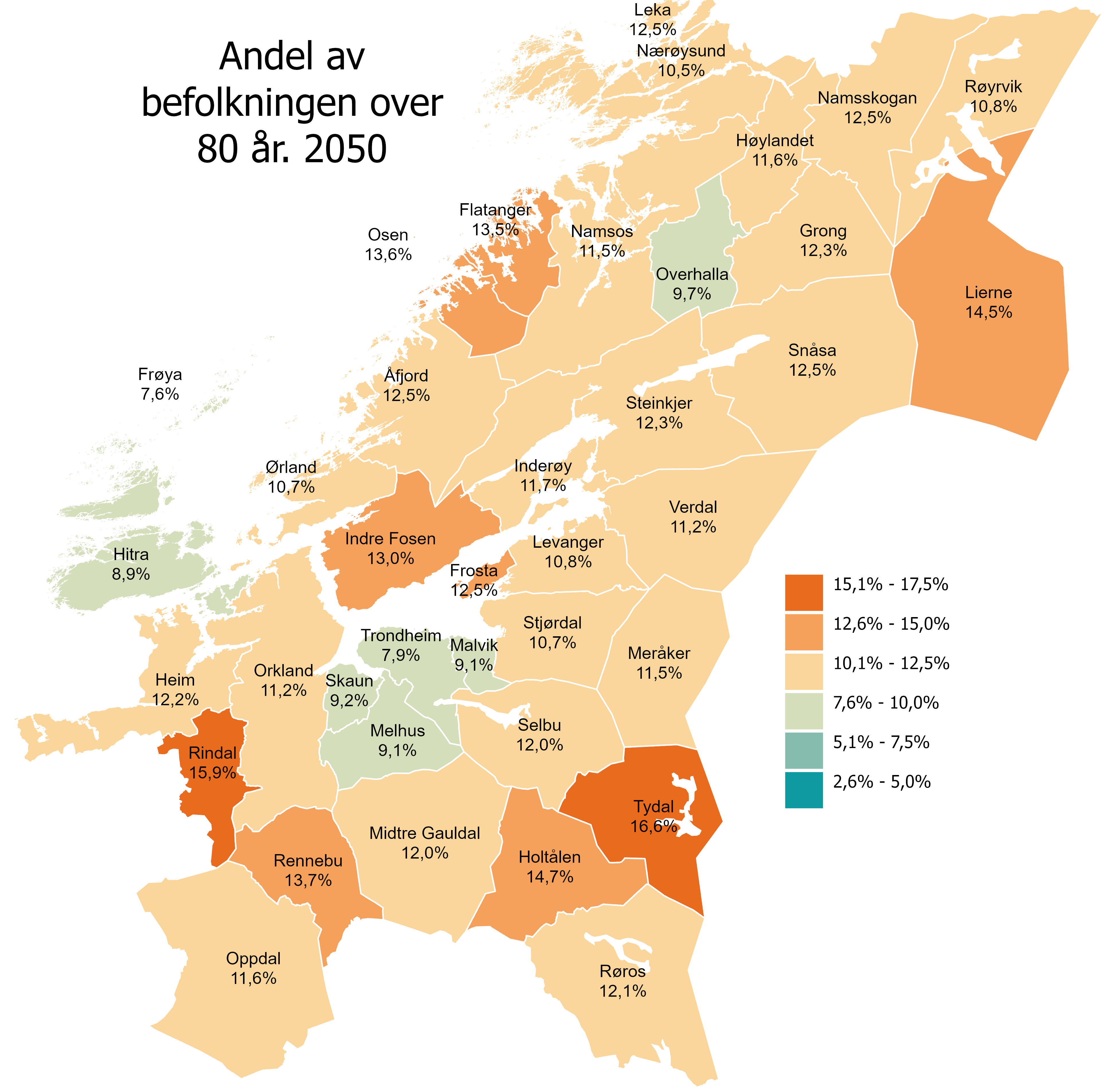 Andel av befolkningen 80 år og eldre i 2050 SSB hovedalternativ MMMM