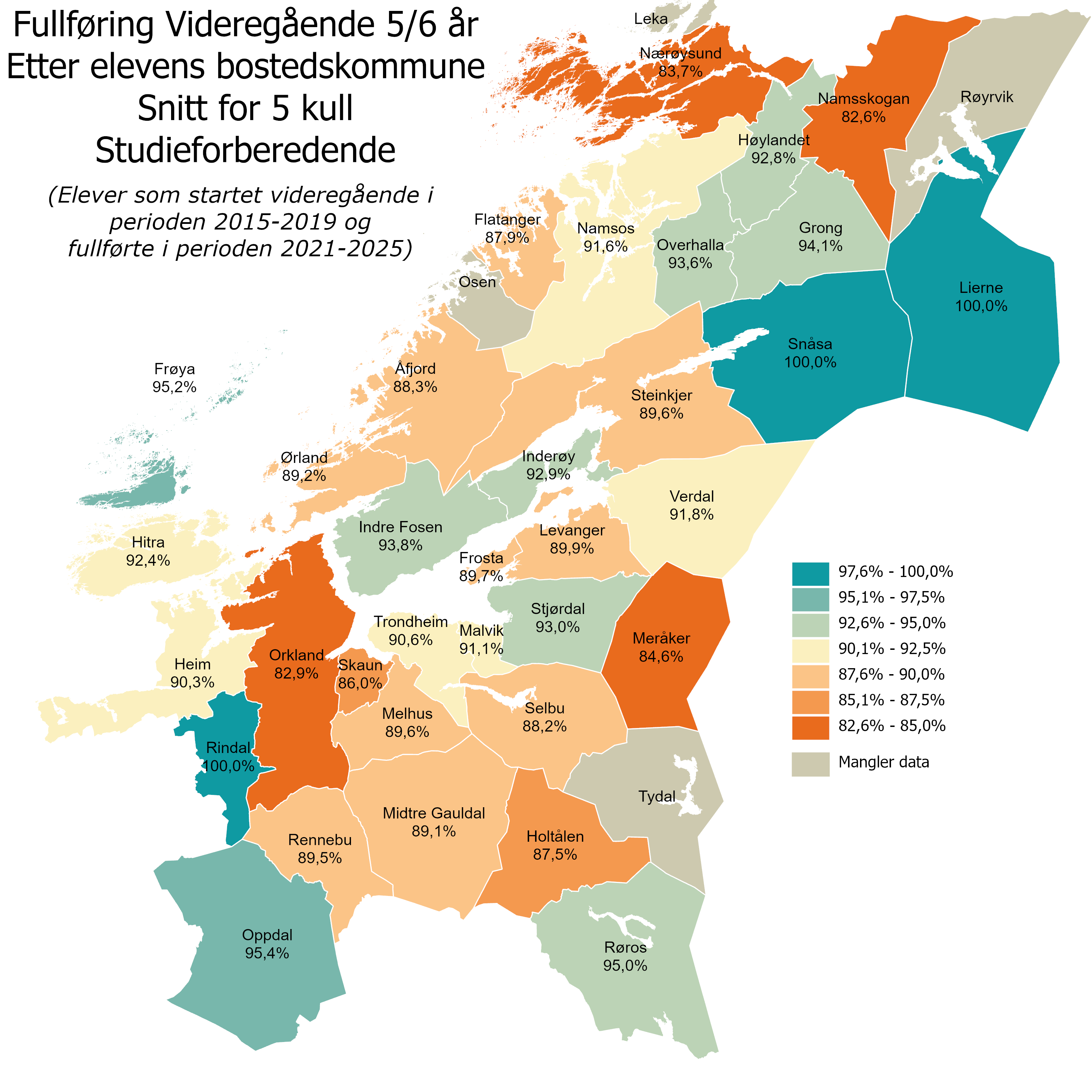 Fullføring Videregående-studie 5/6 år, etter elevens bostedskommune. Snitt for 5 kull 2015-2019