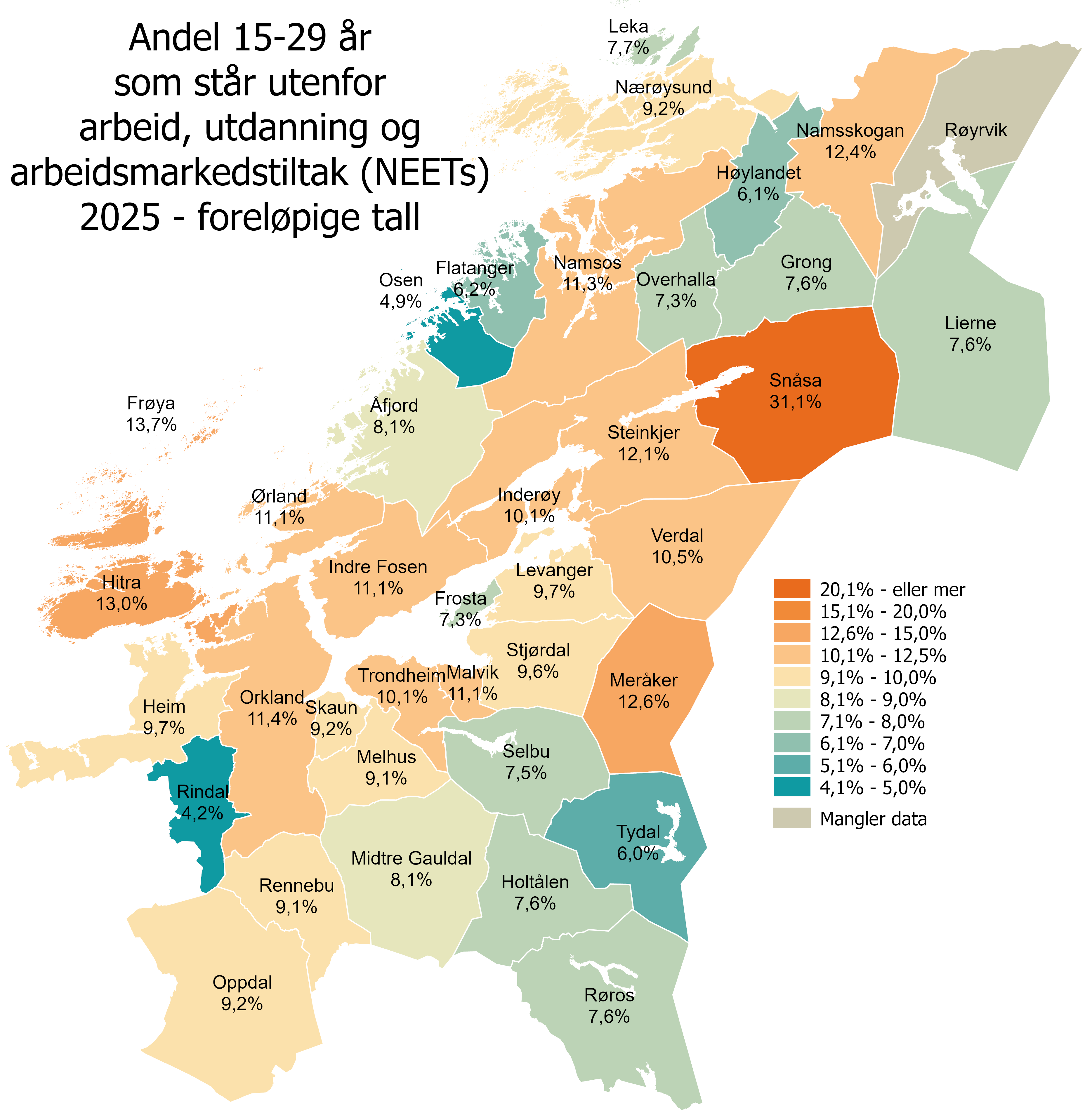 Andel 15-29 år utenfor arbeid, utdanning og arbeidsmarkedstiltak 2025 - foreløpig