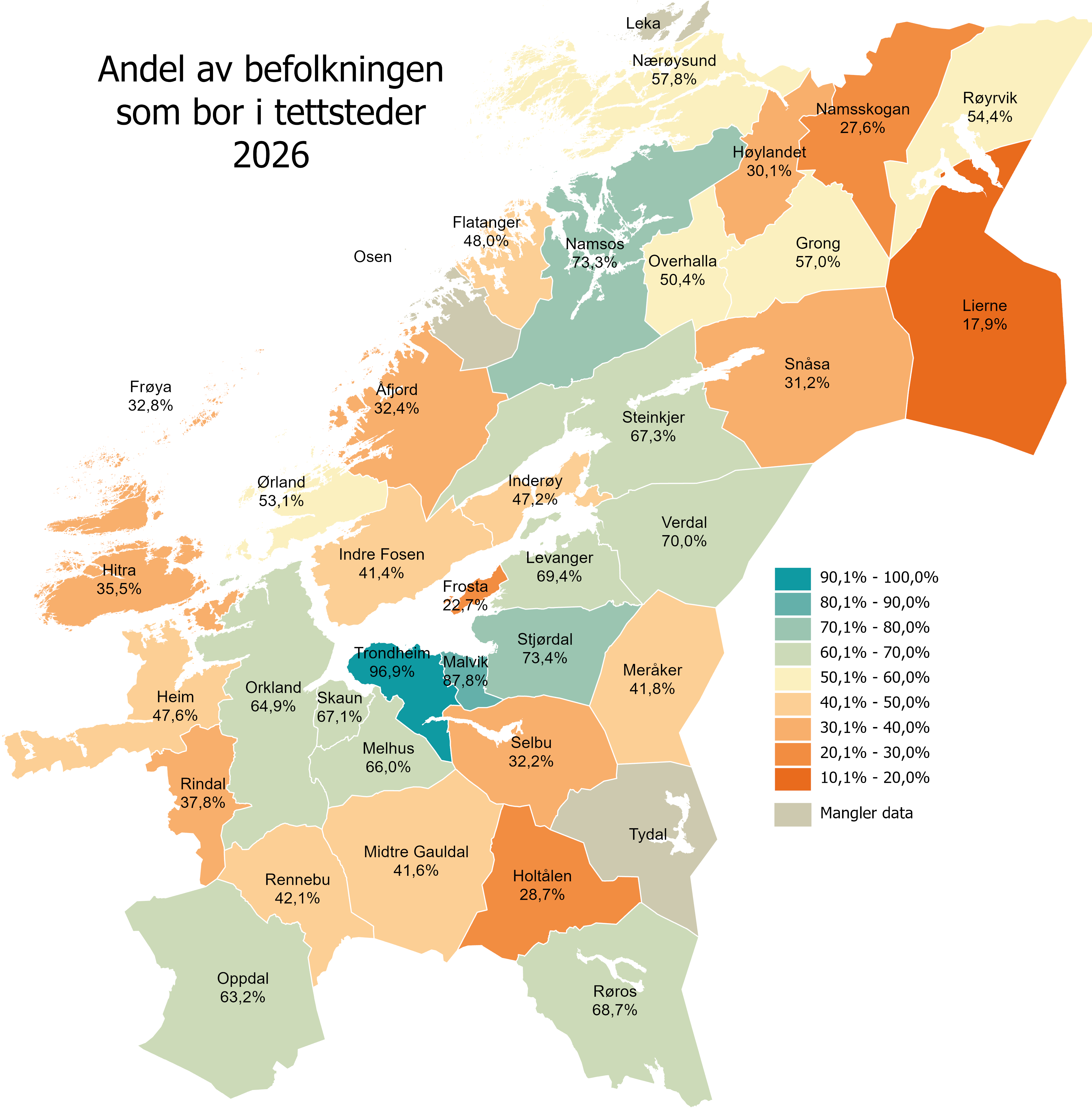 Andel av befolkningen som bor i tettsteder 2026