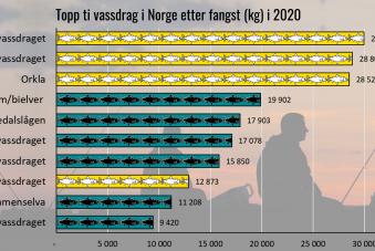 Topp 10 vassdrag i Norge etter fangst (kg) i 2020