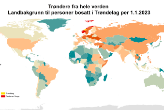 Trøndere fra hele verden 2023 -landbakgrunnen til innvandrere eller norskfødte med innvandrerforeldre bosatt i Trøndelag per 1.1.2023