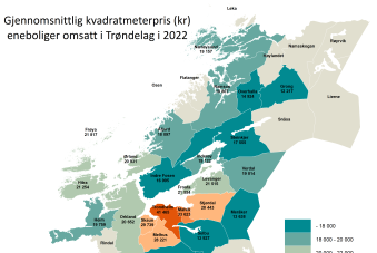 Gjennomsnittlig kvadratmeterpris (kr) for eneboliger omsatt i Trøndelag i 2022.