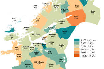 Befolkningsvekst kommuner i Trøndelag 1. halvår 2024