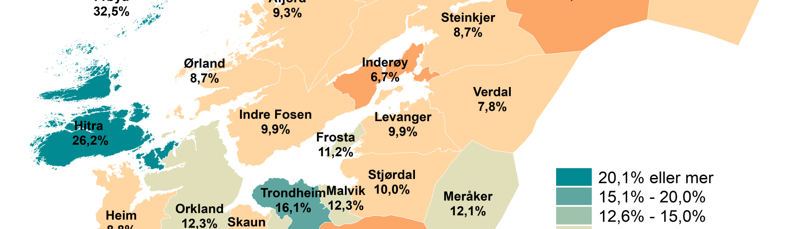Andel innvandrere blant sysselsatte bosatt i Tøndelag per 4. kvartal 2022