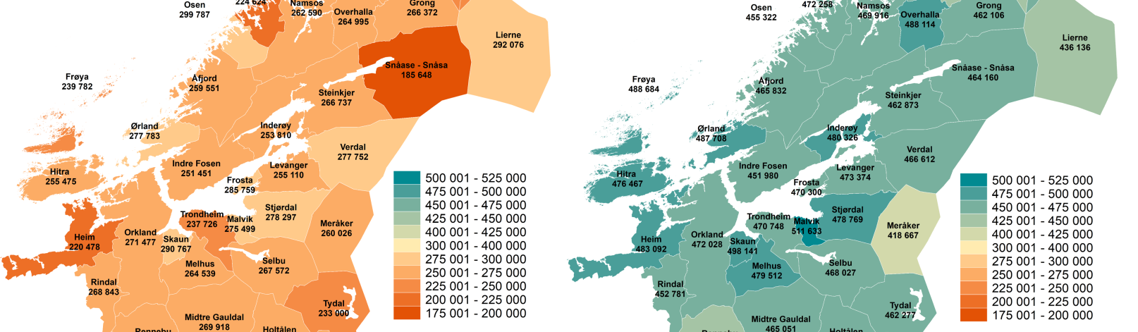 Kart 1. Inntekt etter skatt 2023. For delt på personer utenfor og innenfor arbeid, utdanning og arbeidsmerkedstiltak
