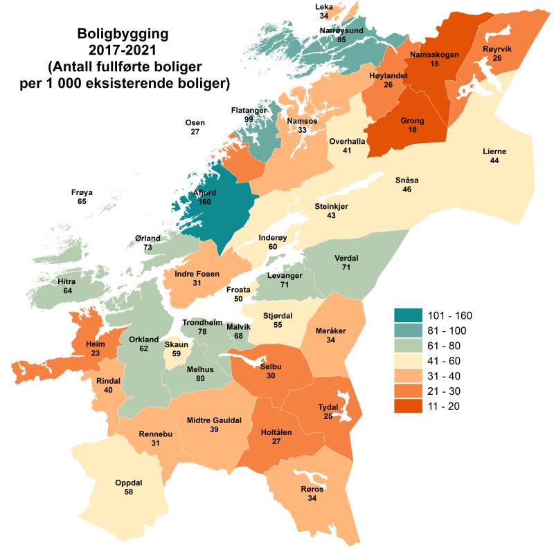 Boligbygging 2017-2021 per 1 000 eksisterende boliger